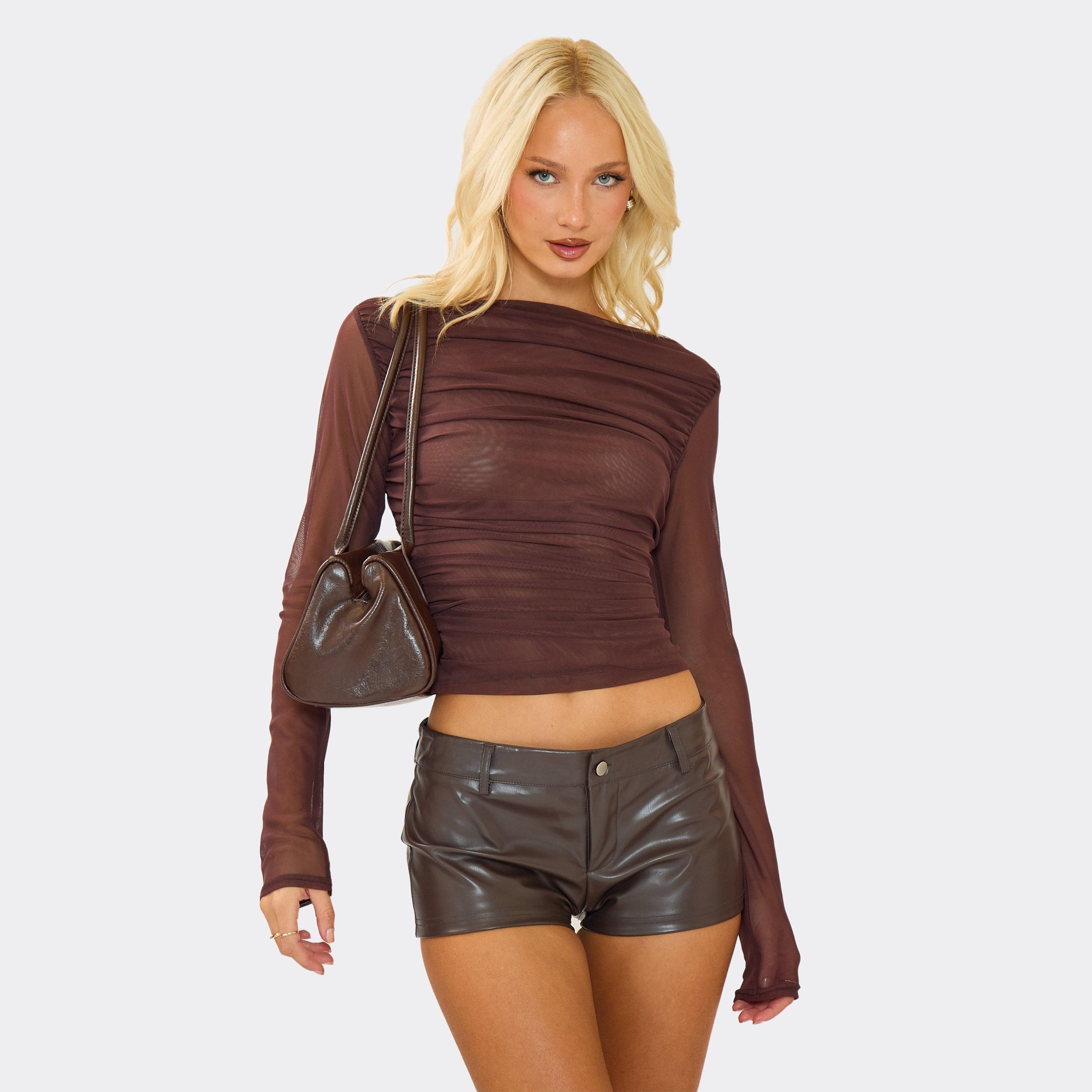 Image of Long Sleeve Ruched Detail Top In Chocolate Brown, Women's