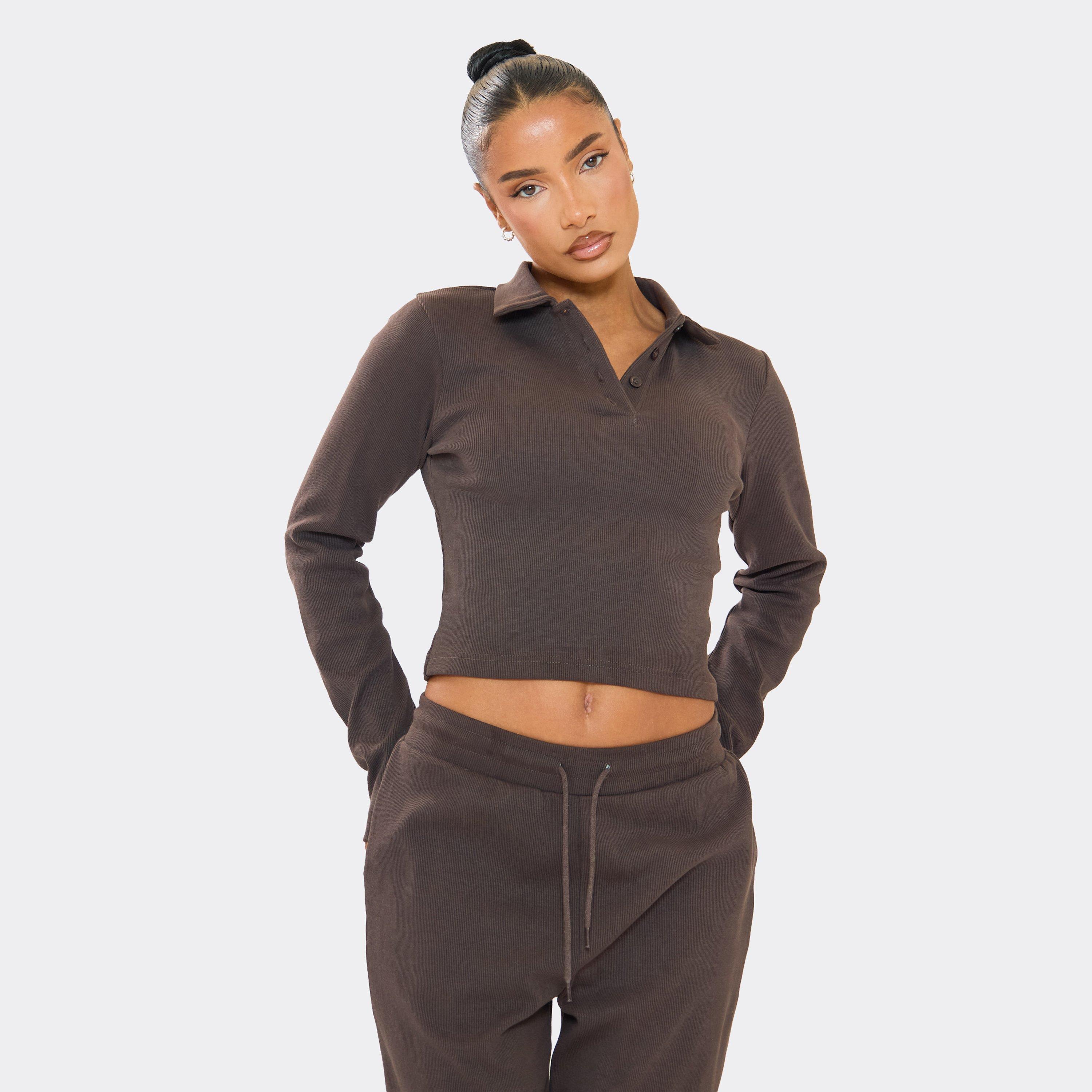 Long Sleeve Polo Button Detail Fitted Top In Chocolate Brown Ribbed, Women's Size UK 6