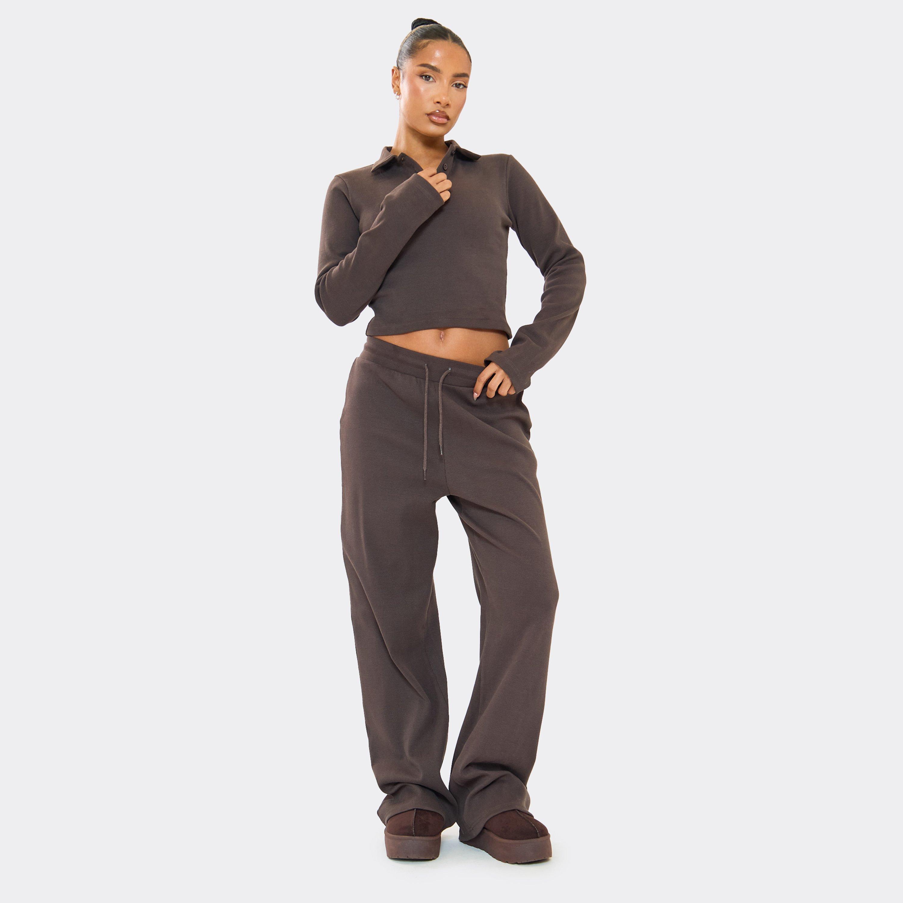 Mid Rise Drawstring Wide Leg Trousers In Chocolate Brown Ribbed, Women's Size UK 6
