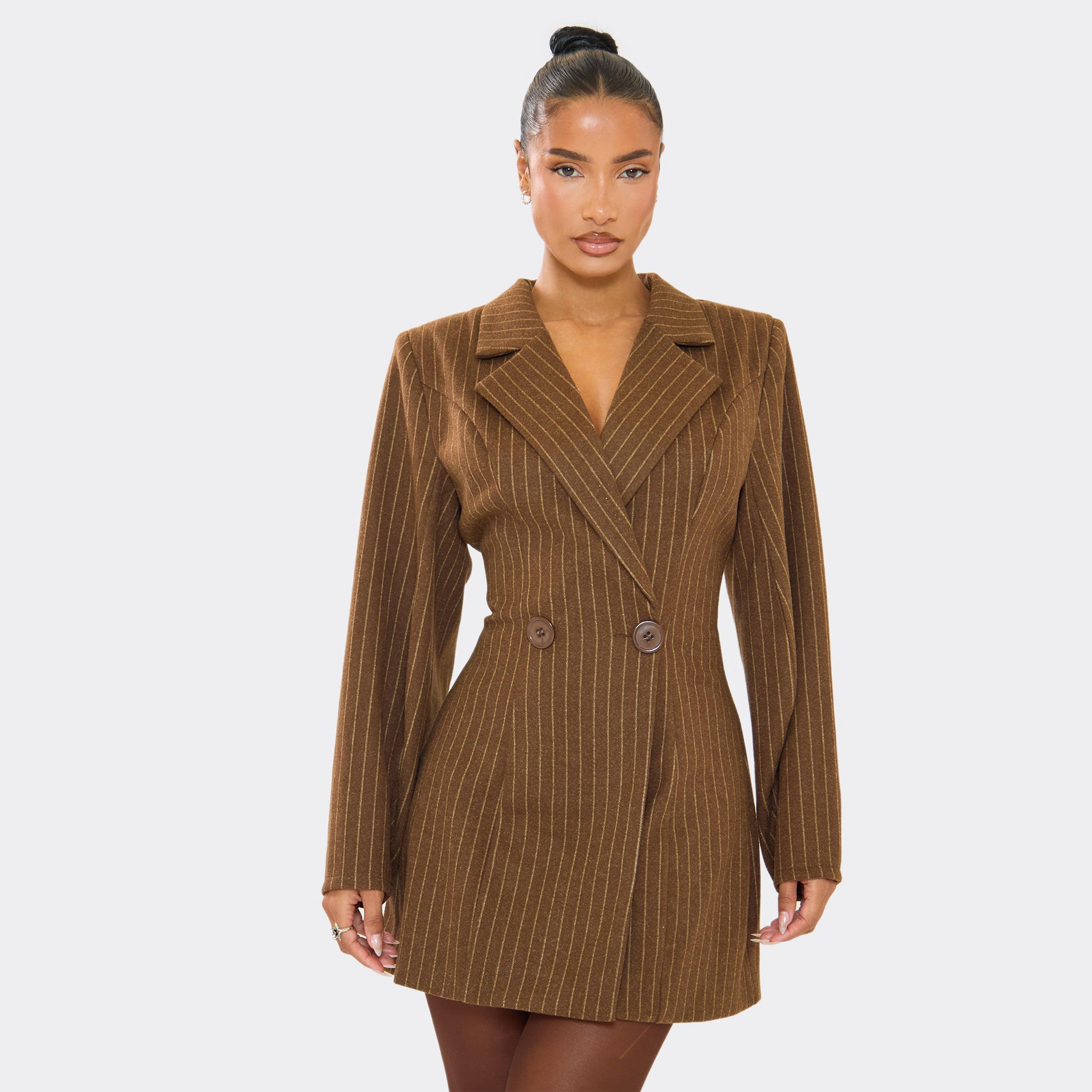 Long Sleeve Shoulder Pad Detail Blazer Dress In Chocolate Brown Pinstripe Wool, Women's Size UK 10