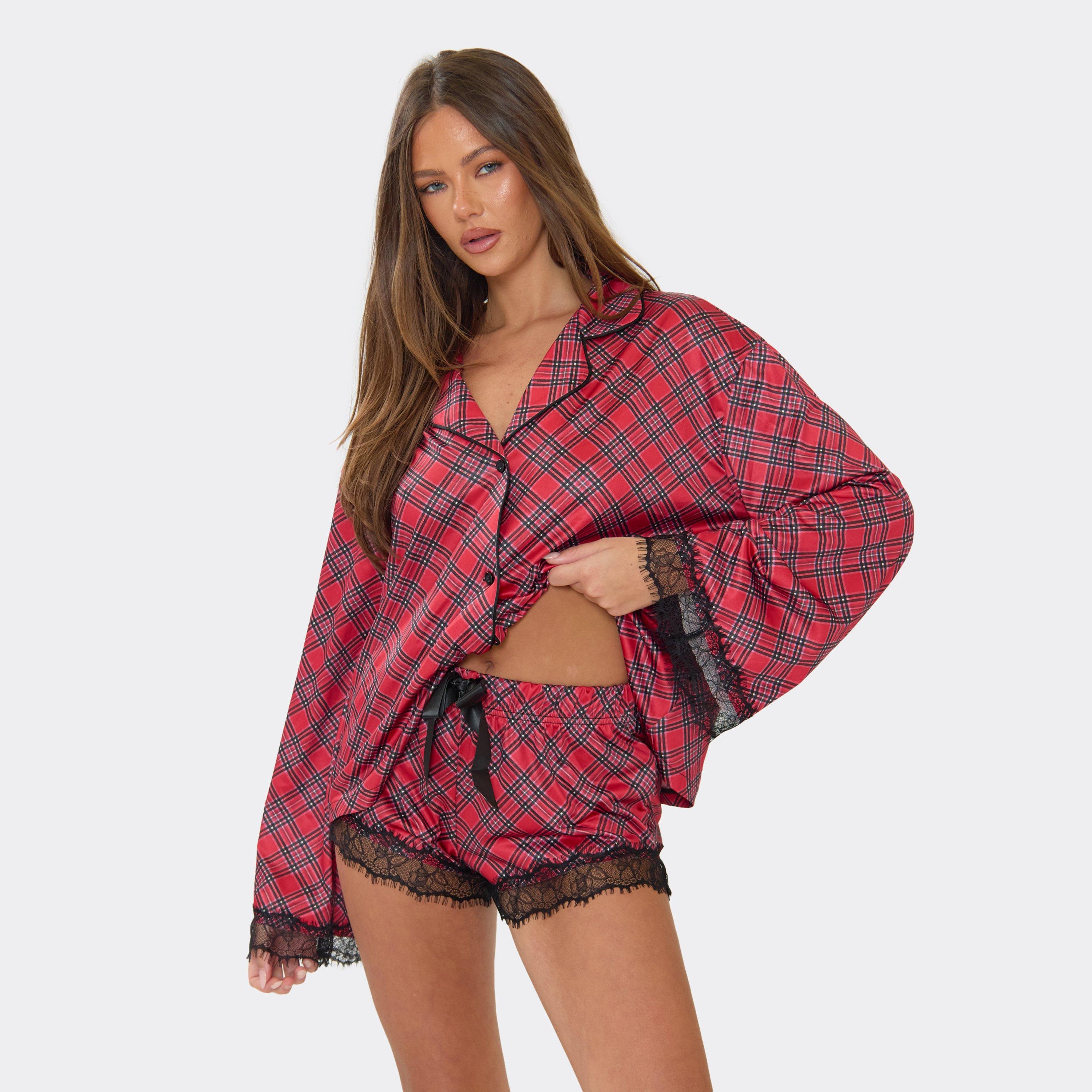 Long Sleeve Lace Trim Top And Shorts Pyjama Set In Red Checked Print, Women's Size UK 8