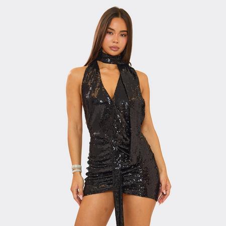 Halterneck Scarf Drape Detail Mini Dress In Black Sequin, Women's Size US