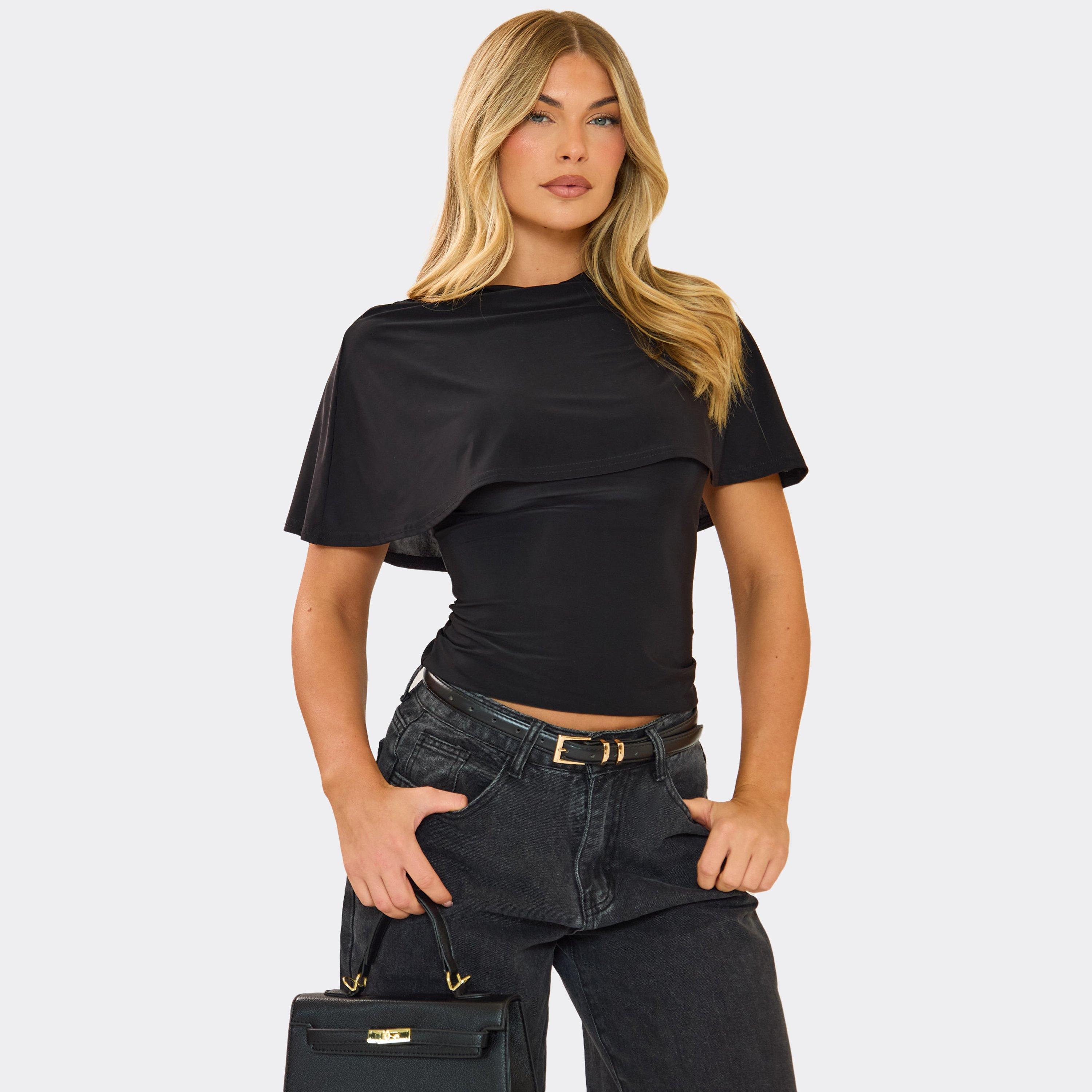 Image of Cape Sleeve Cinched Waist Fitted Top In Black, Women's
