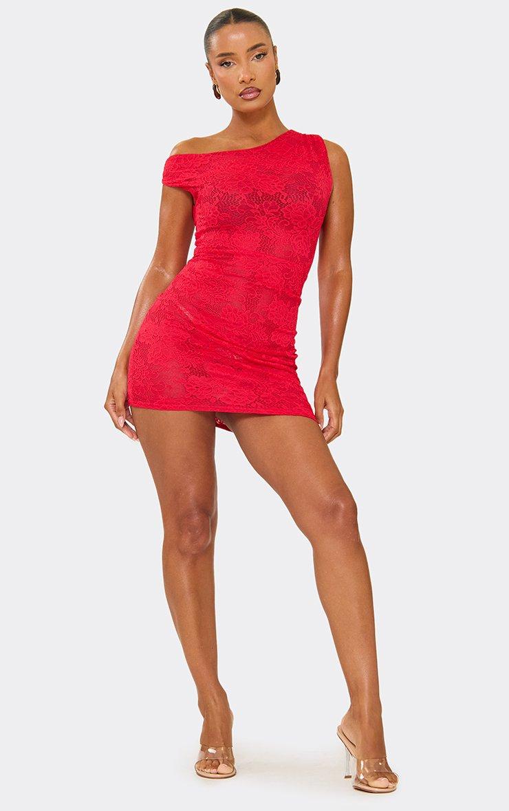 One Shoulder Ruched Detail Mini Dress In Red Lace | EGO EU | EGO
