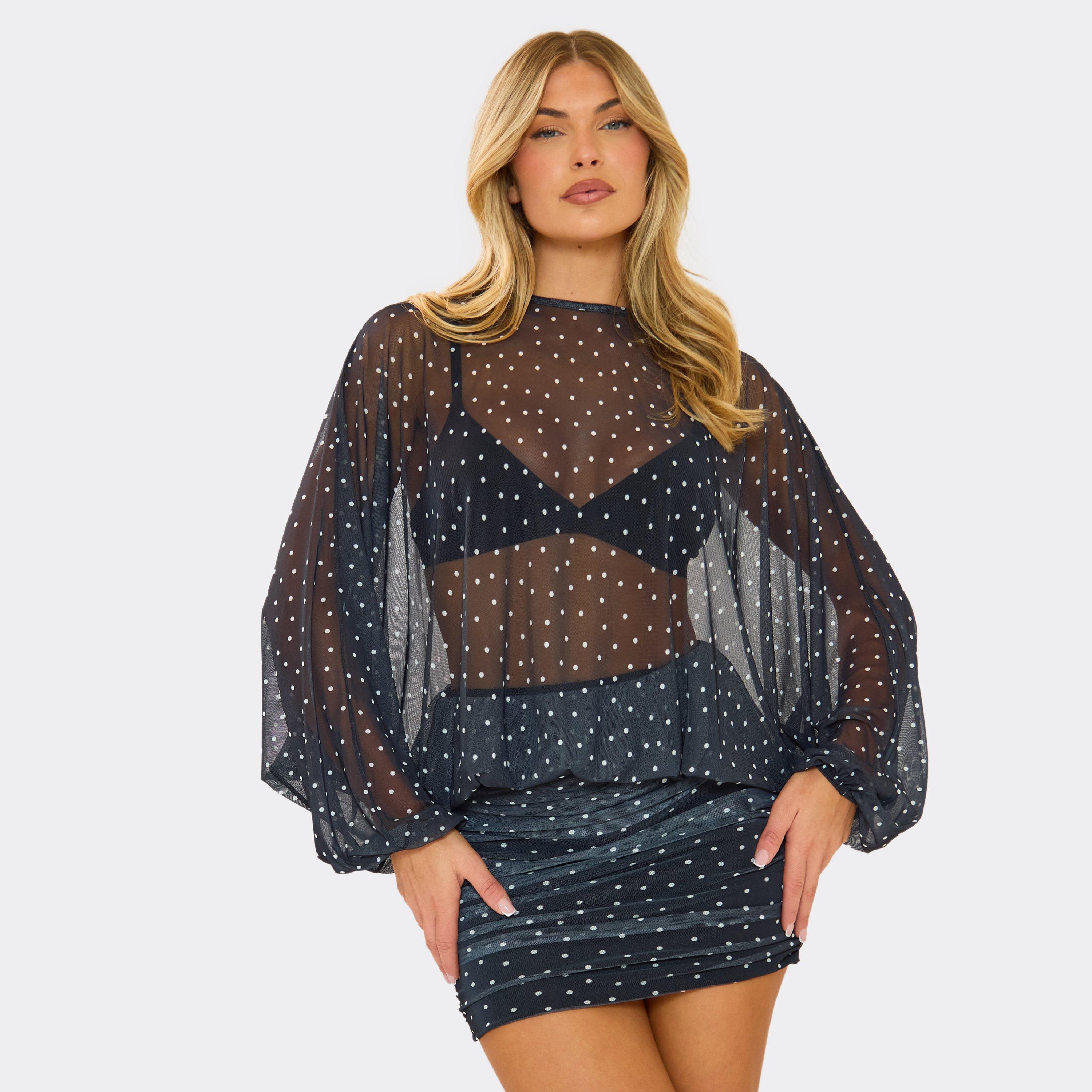 Batwing Sleeve Ruched Detail Mini Dress In Black Polka Dot Mesh, Women's Size UK 6