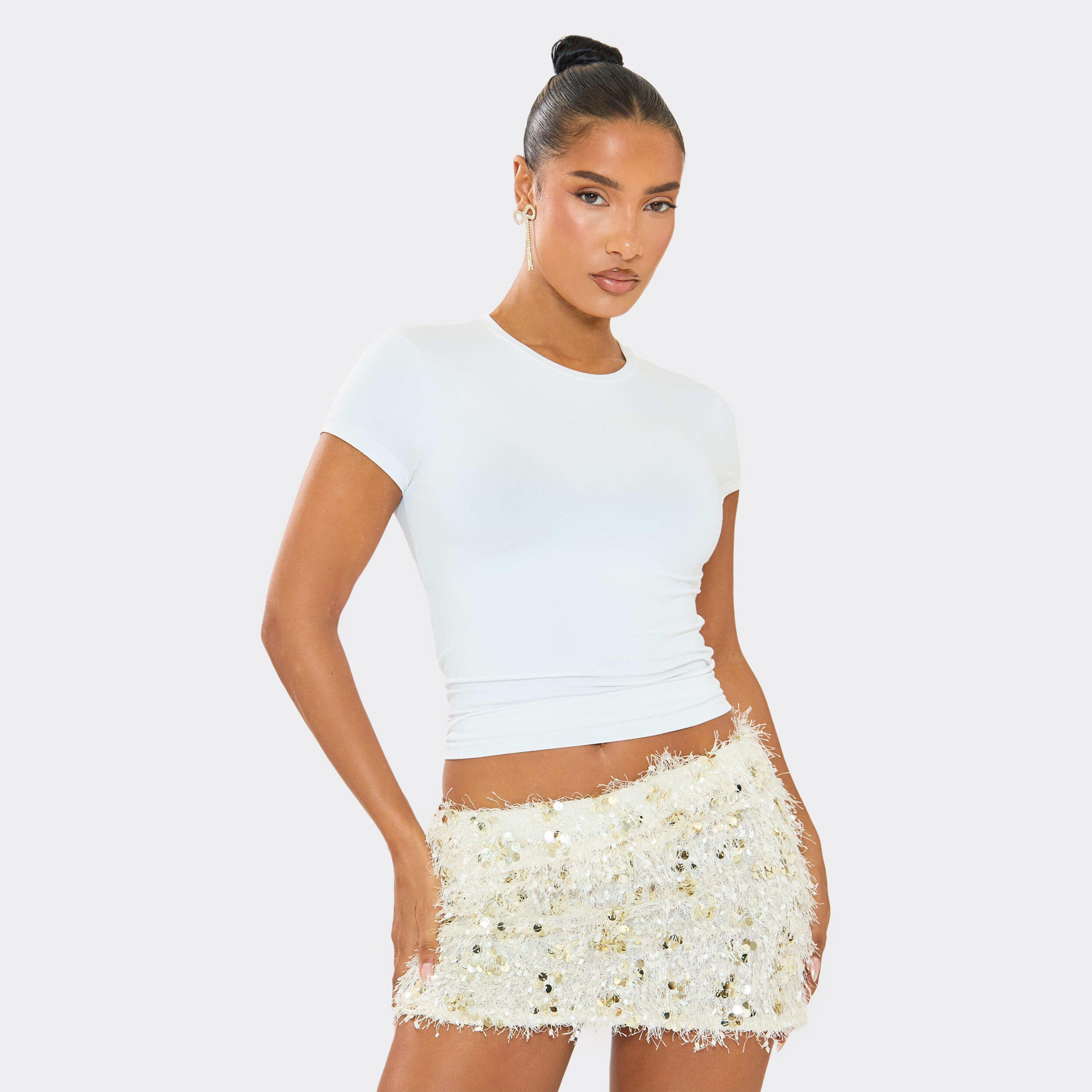 Low Rise Mini Skirt In Cream Sequin Textured, Women's Size UK 14