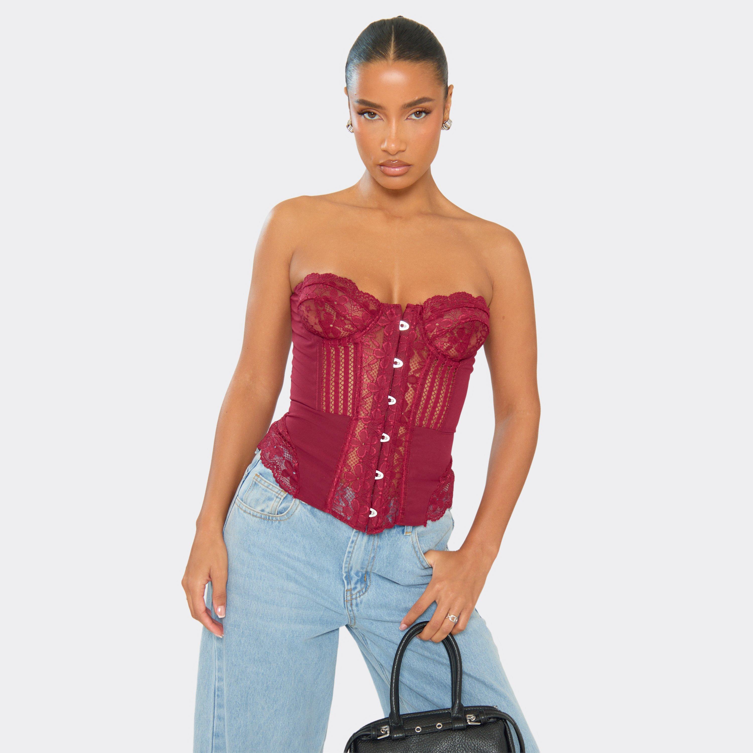 Bandeau Hook And Eye Corset Top In Burgundy Lace, Women's Size UK 14
