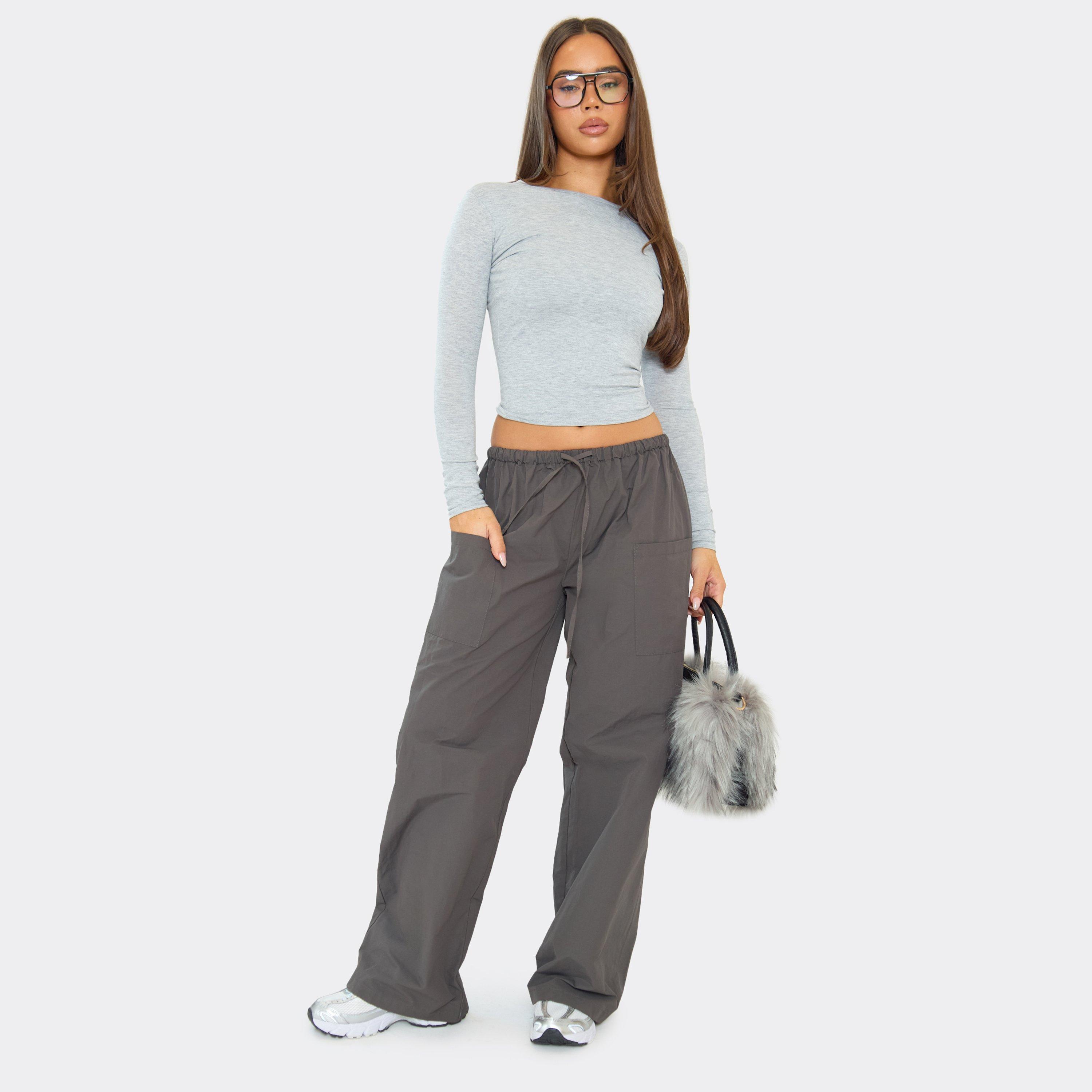 Image of Tie Waist Pocket Detail Trousers In Charcoal Grey Shell, Women's