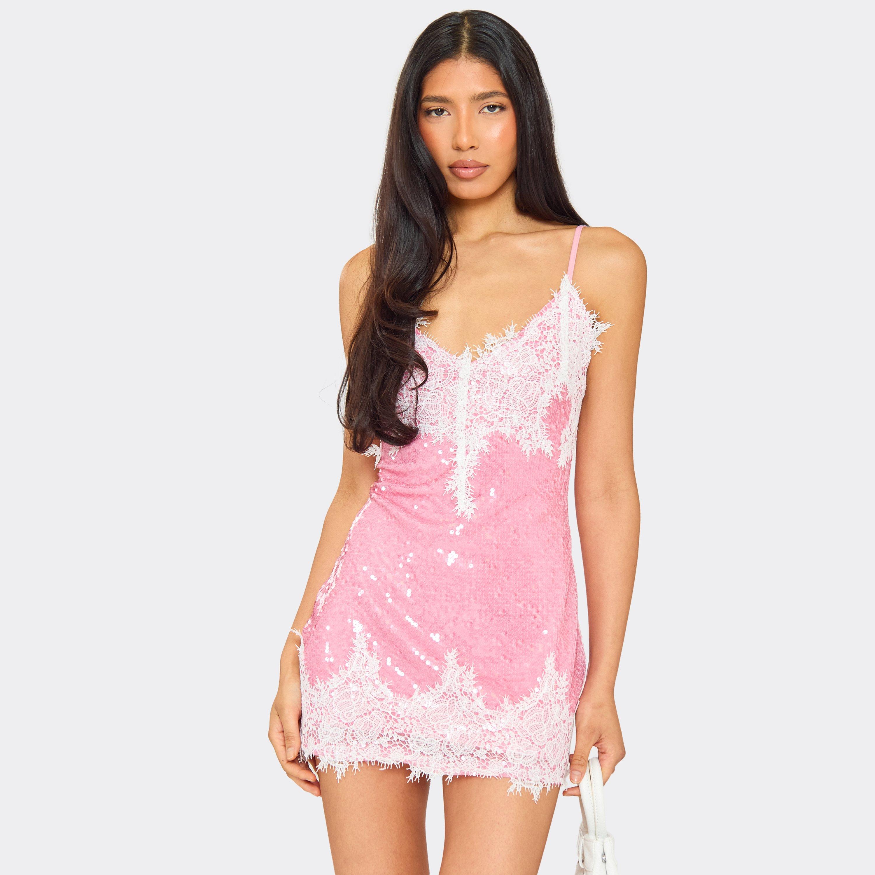 Strappy Plunge Neck Lace Trim Mini Dress In Pink Sequin, Women’s
