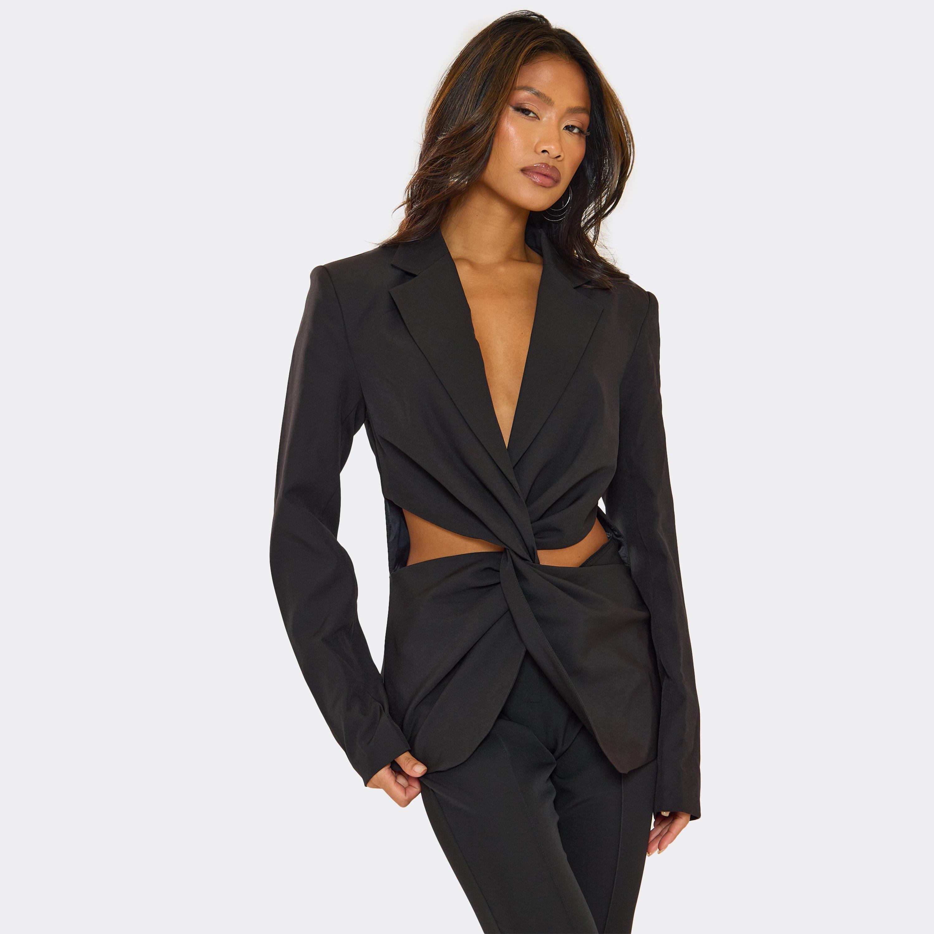 Cut Out Twist Front Detail Fitted Blazer In Black, Women's Size UK 14