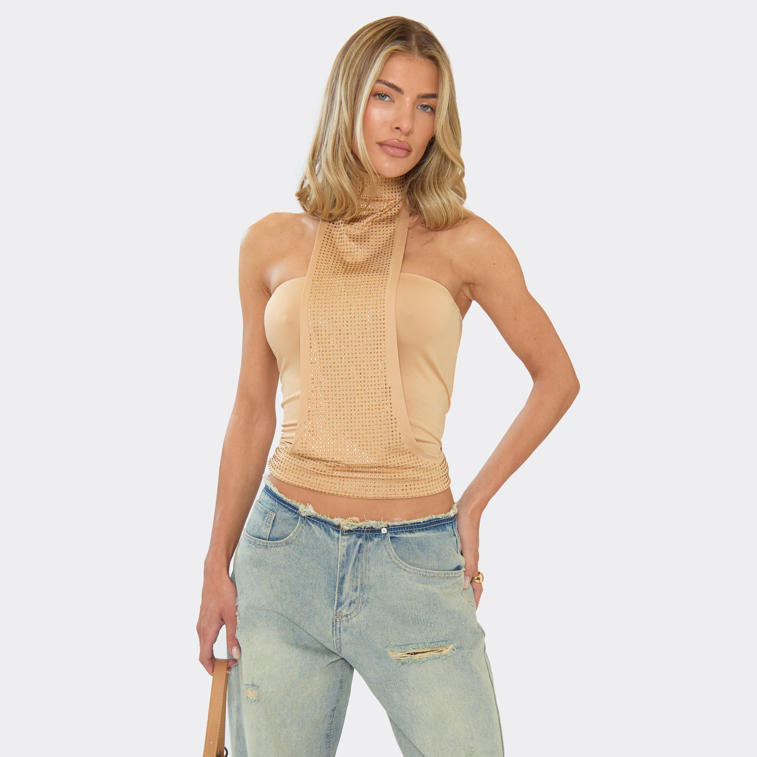 Halterneck Embellished Hotfix Detail Top In Stone, Women's Size UK S