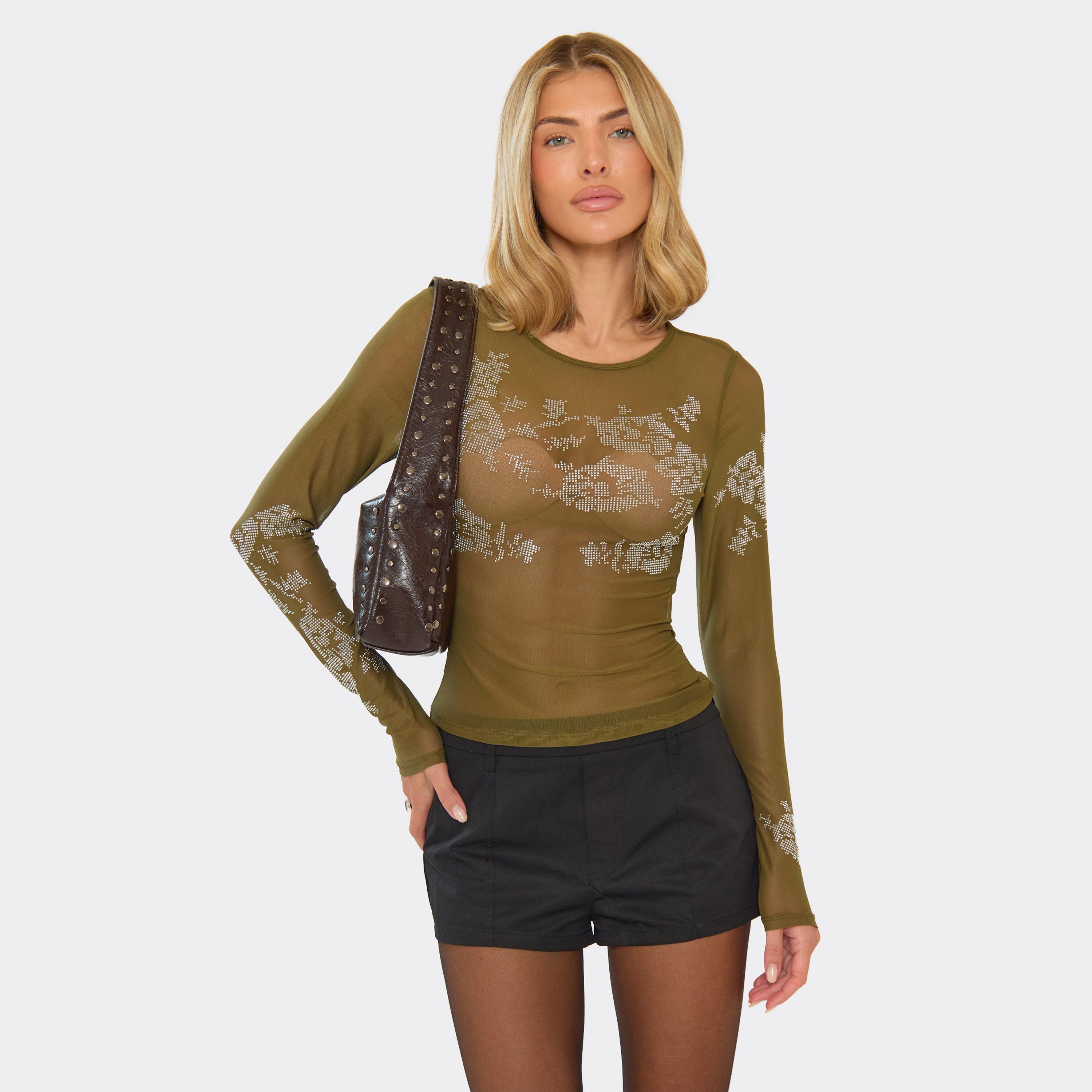 Image of Long Sleeve Embellished Detail Top In Khaki Green Mesh, Women's