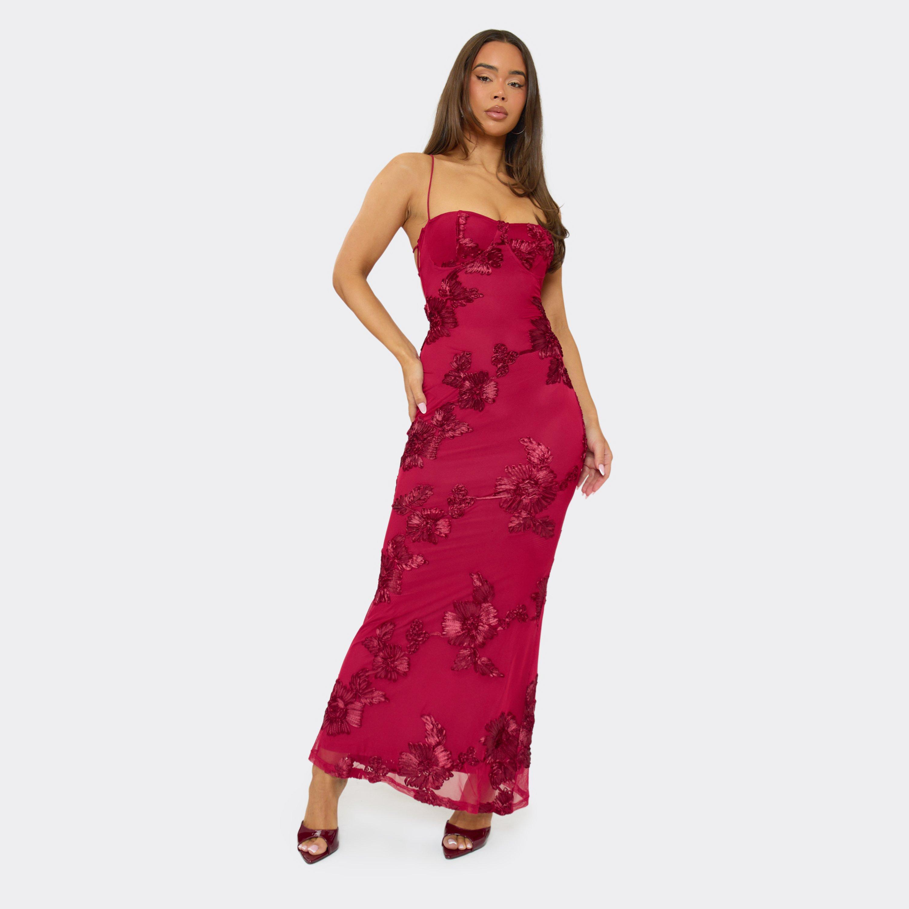 Strappy Floral Applique Lace Up Back Detail Maxi Dress In Burgundy Textured, Women’s