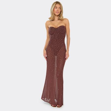 Diamante Corset Bodysuit Detail Maxi Dress In Chocolate Brown, Women's Size US