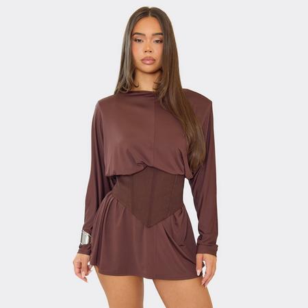 Long Sleeve Corset Detail Skater Dress In Chocolate Brown, Women's Size US