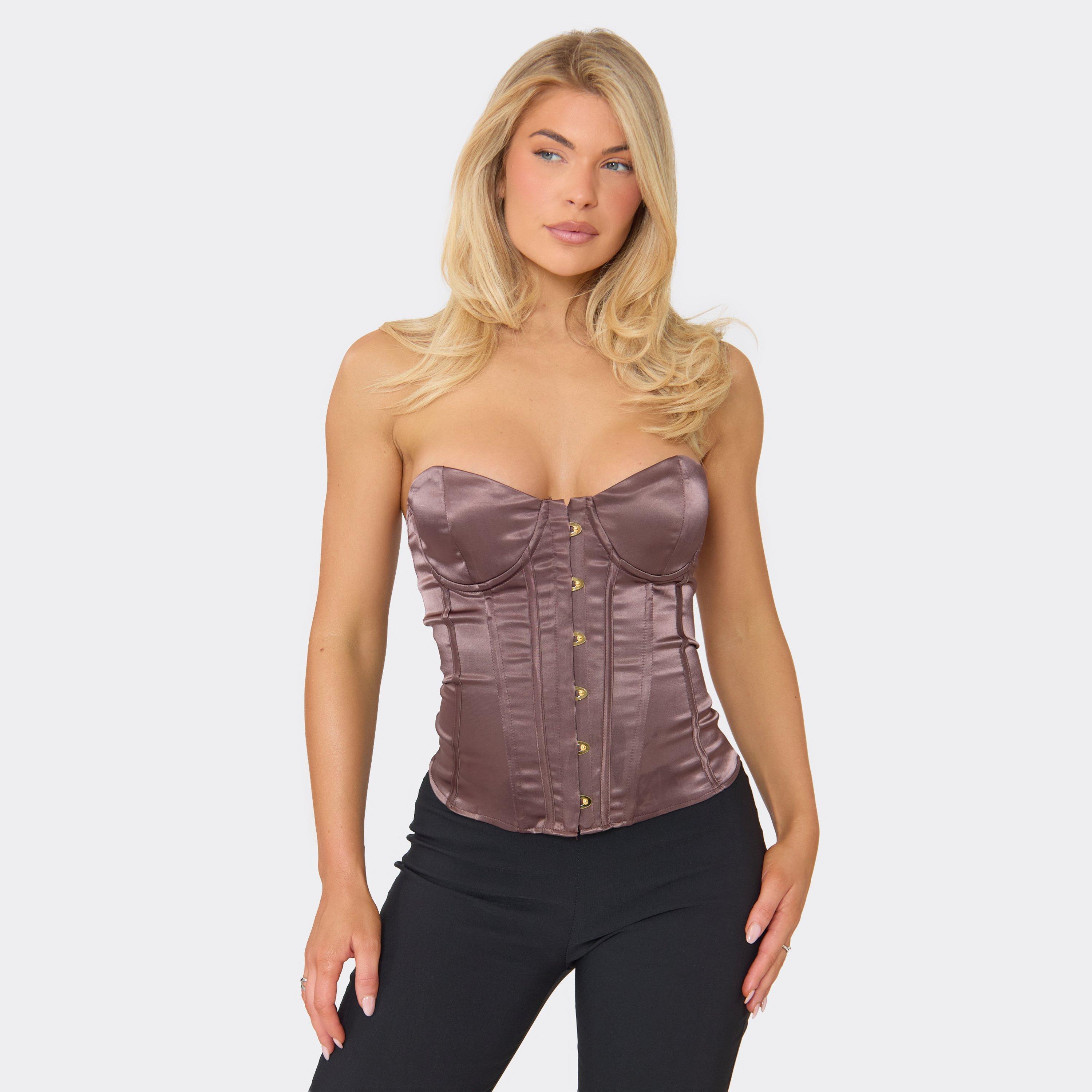Bandeau Hook And Eye Corset Top In Chocolate Brown Satin, Women's Size UK 10