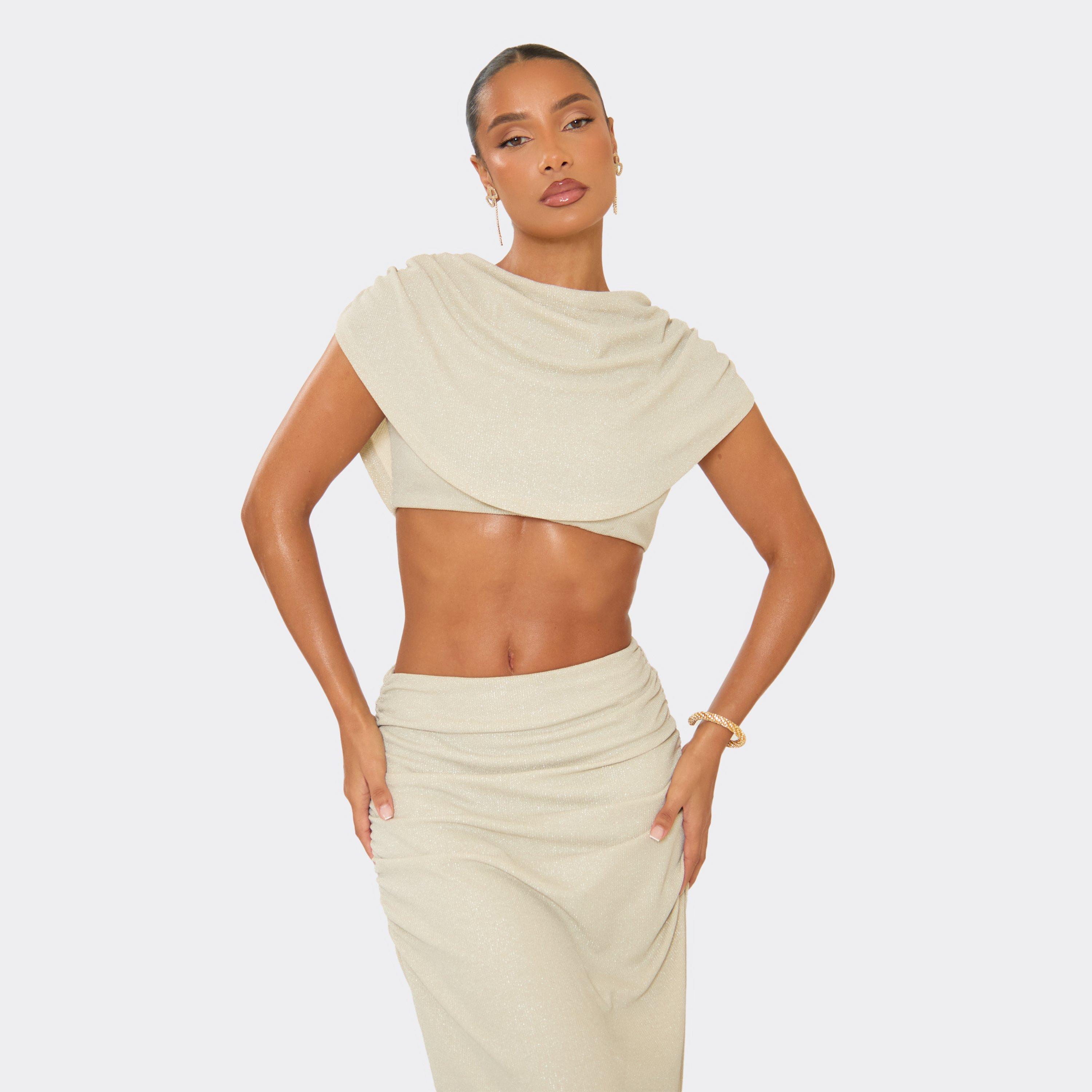 Image of Ruched Drape Cape Crop Top In Champagne Glitter, Women's