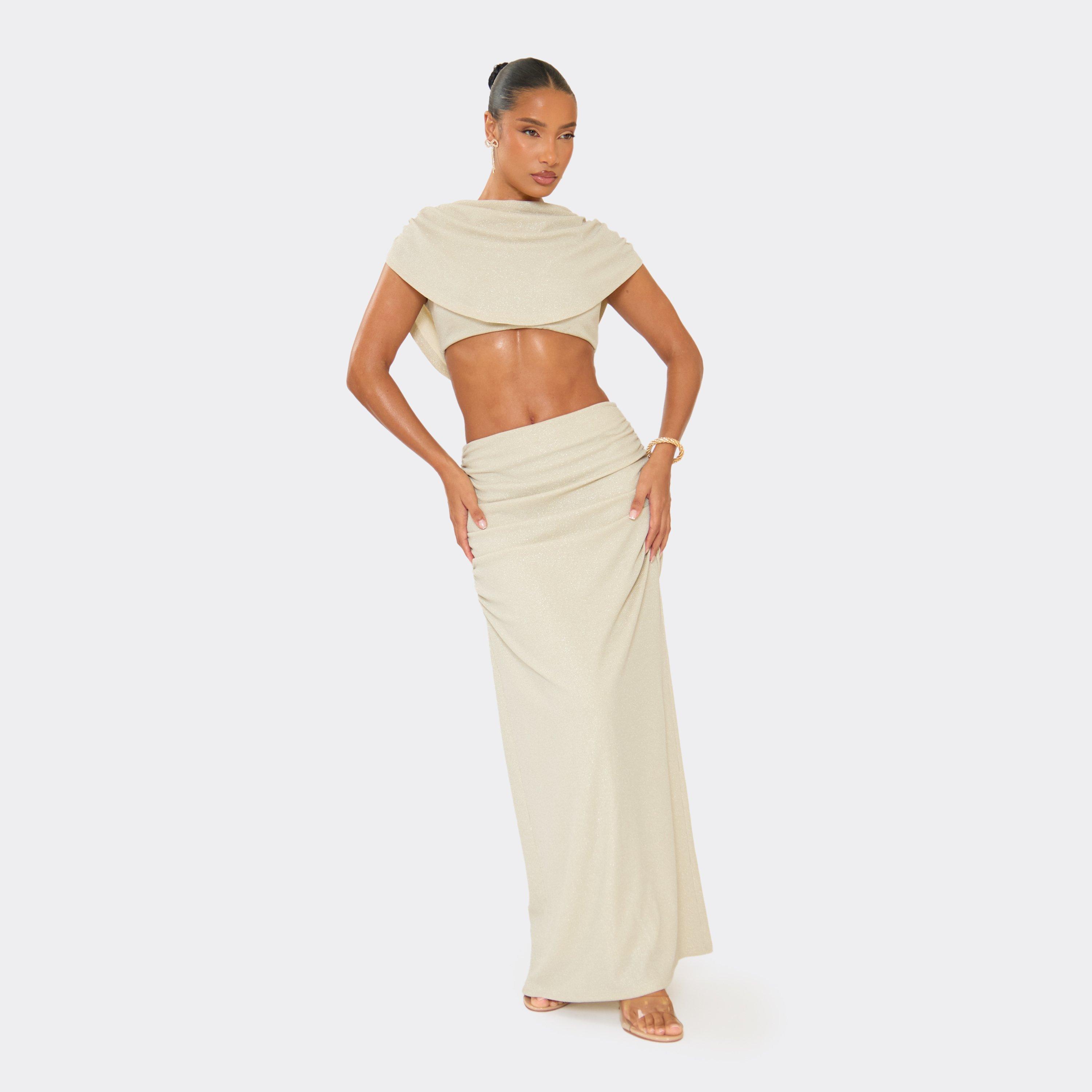 Ruched Side Maxi Skirt In Champagne Glitter, Women's Size UK 12