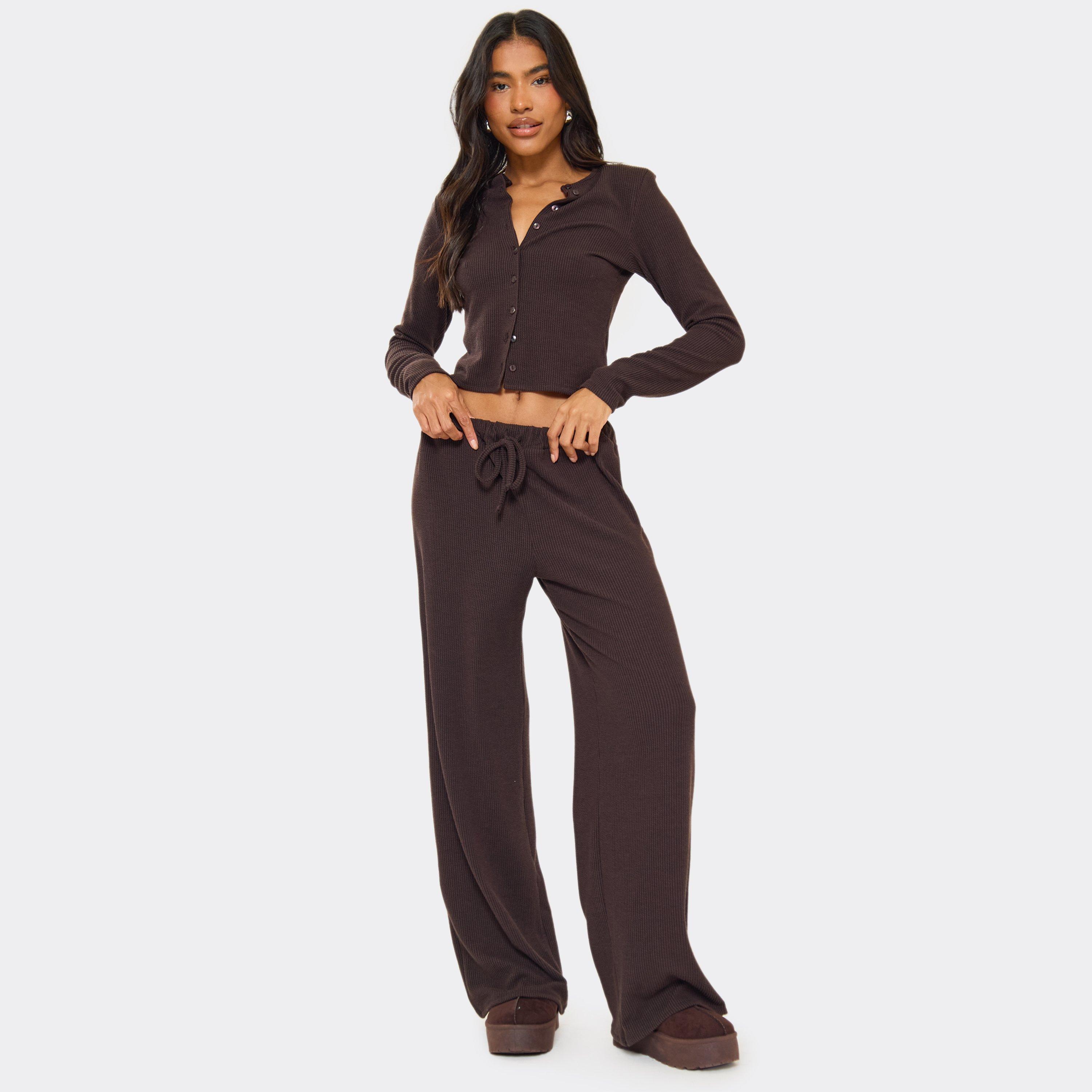 Low Rise Wide Leg Trousers In Chocolate Brown Ribbed, Women's Size UK 10