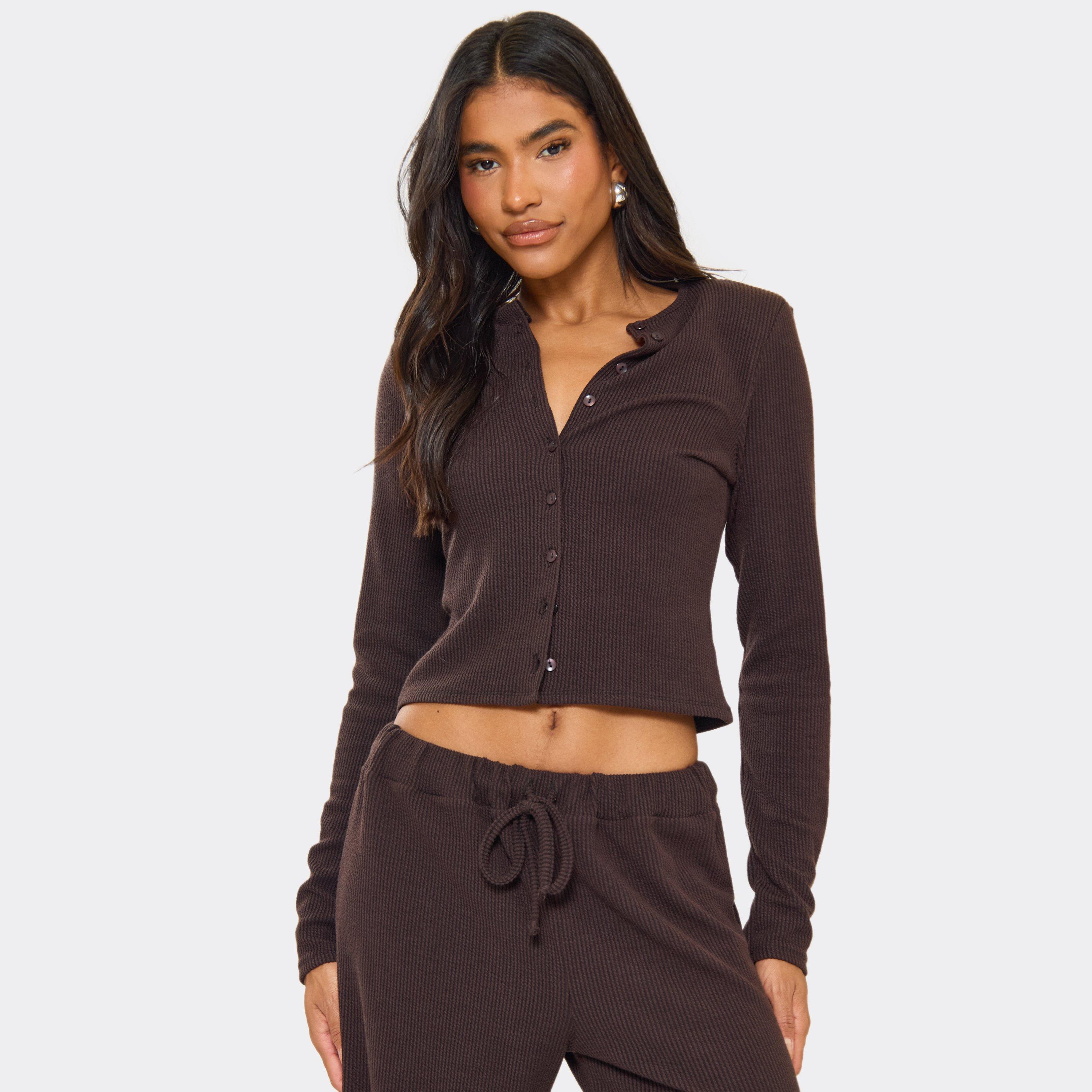 Shoulder Pad Button Up Fitted Top In Chocolate Brown Ribbed, Women's Size UK 14