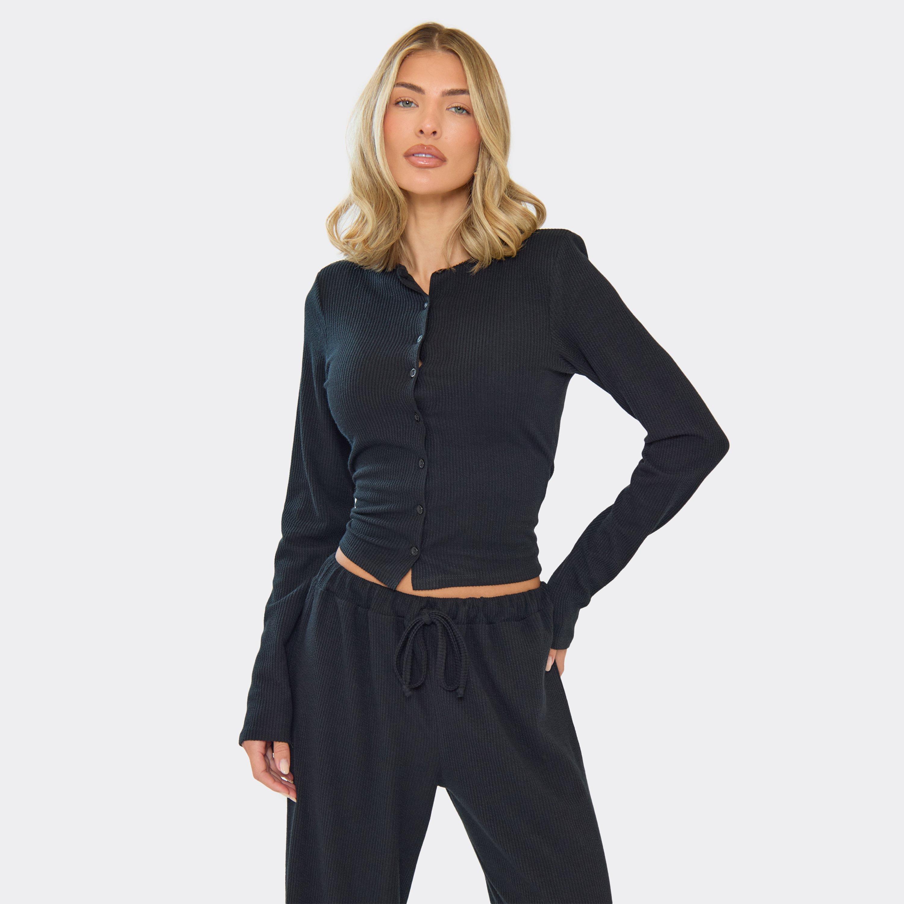 Shoulder Pad Button Up Fitted Top In Black Ribbed, Women's Size UK 12