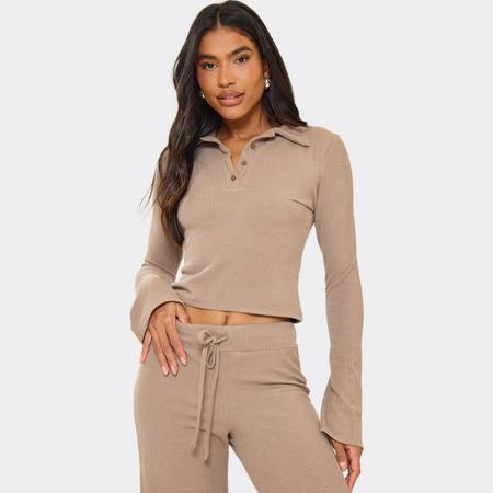 Long Flared Sleeve Polo Top In Taupe Ribbed, Women's Size US