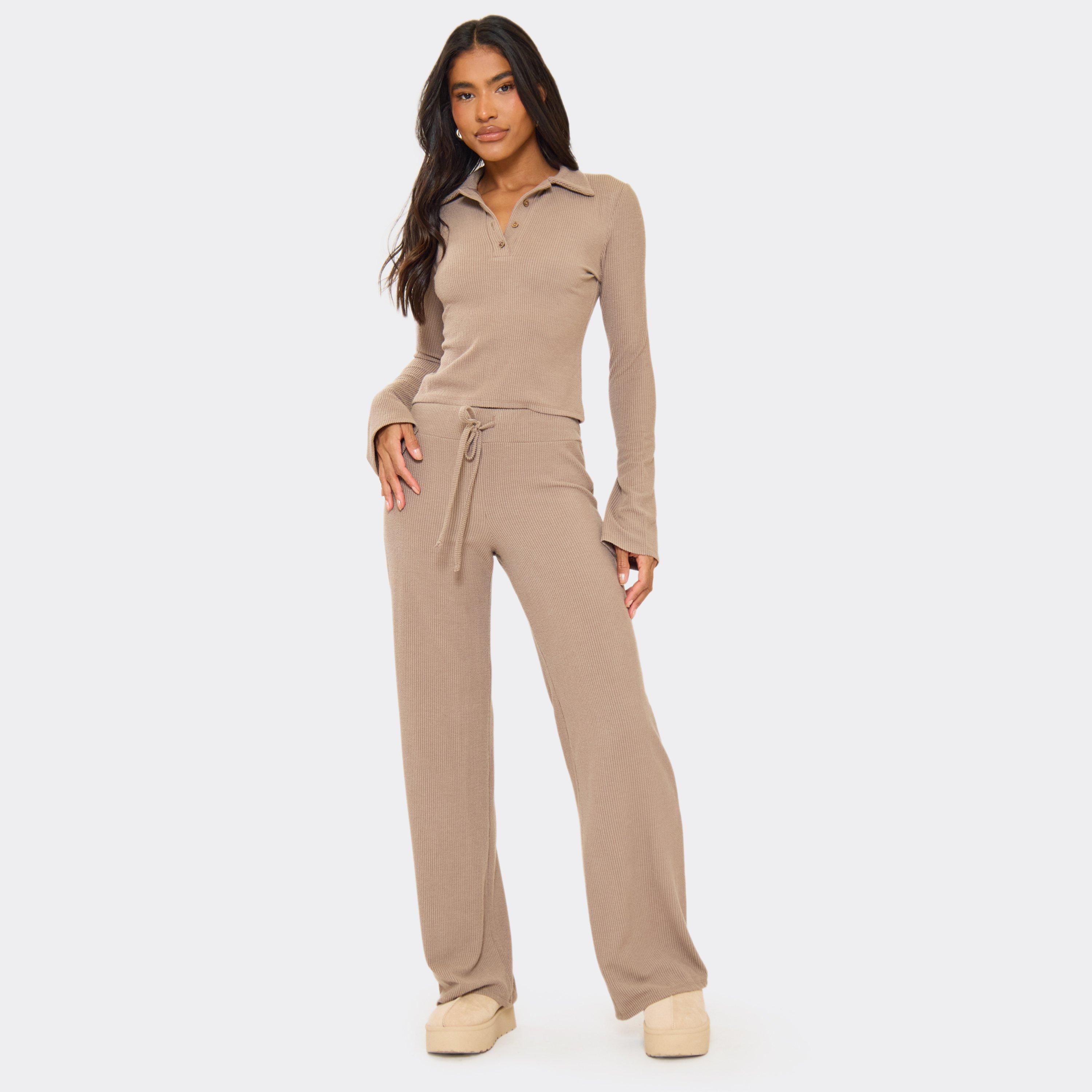 Drawstring Waist Straight Leg Trousers In Taupe Ribbed, Women's Size UK 8