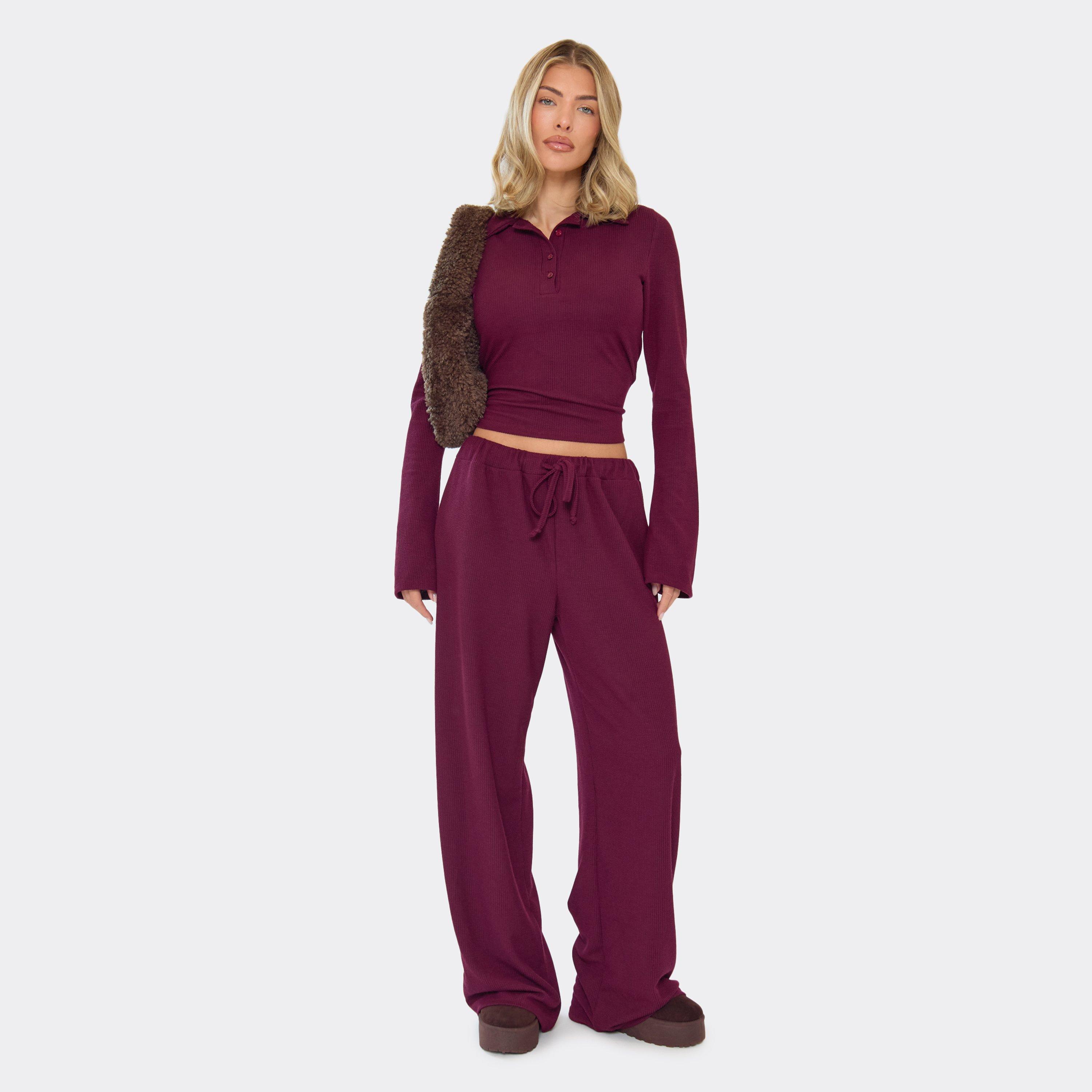 Drawstring Waist Detail Straight Leg Trousers In Burgundy Ribbed, Women's Size UK 14