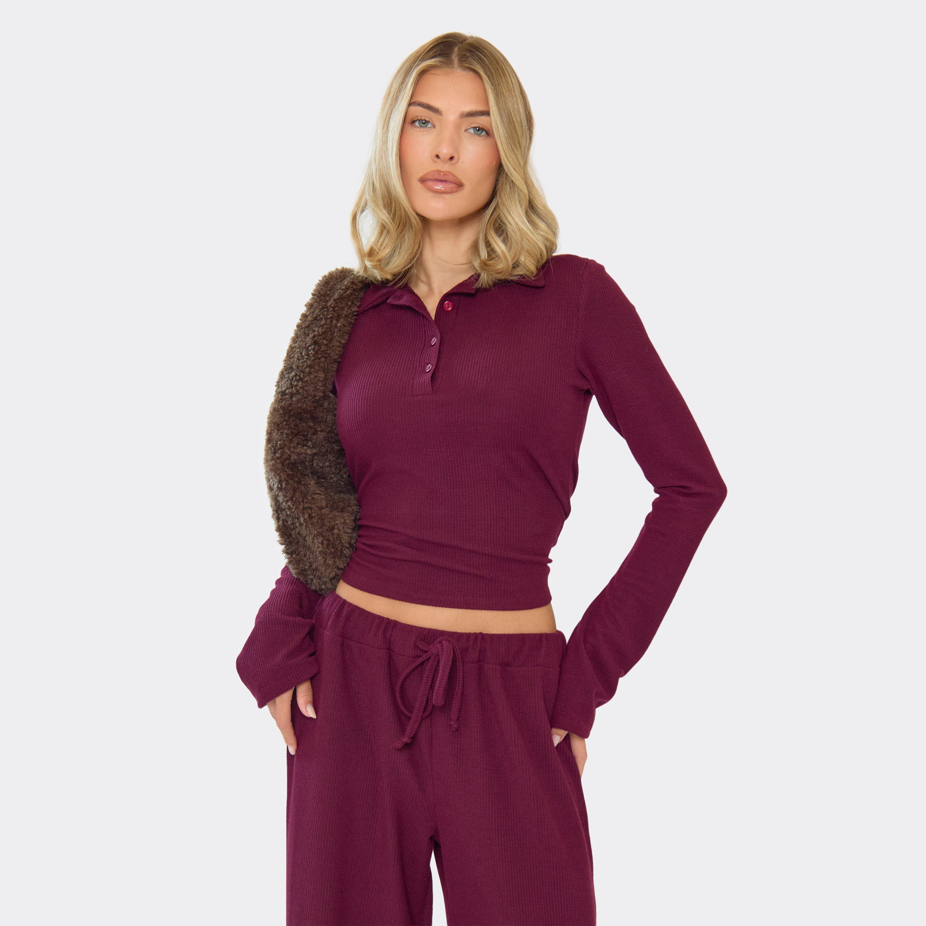 Long Flared Sleeve Polo Top In Burgundy Ribbed, Women's Size UK 10