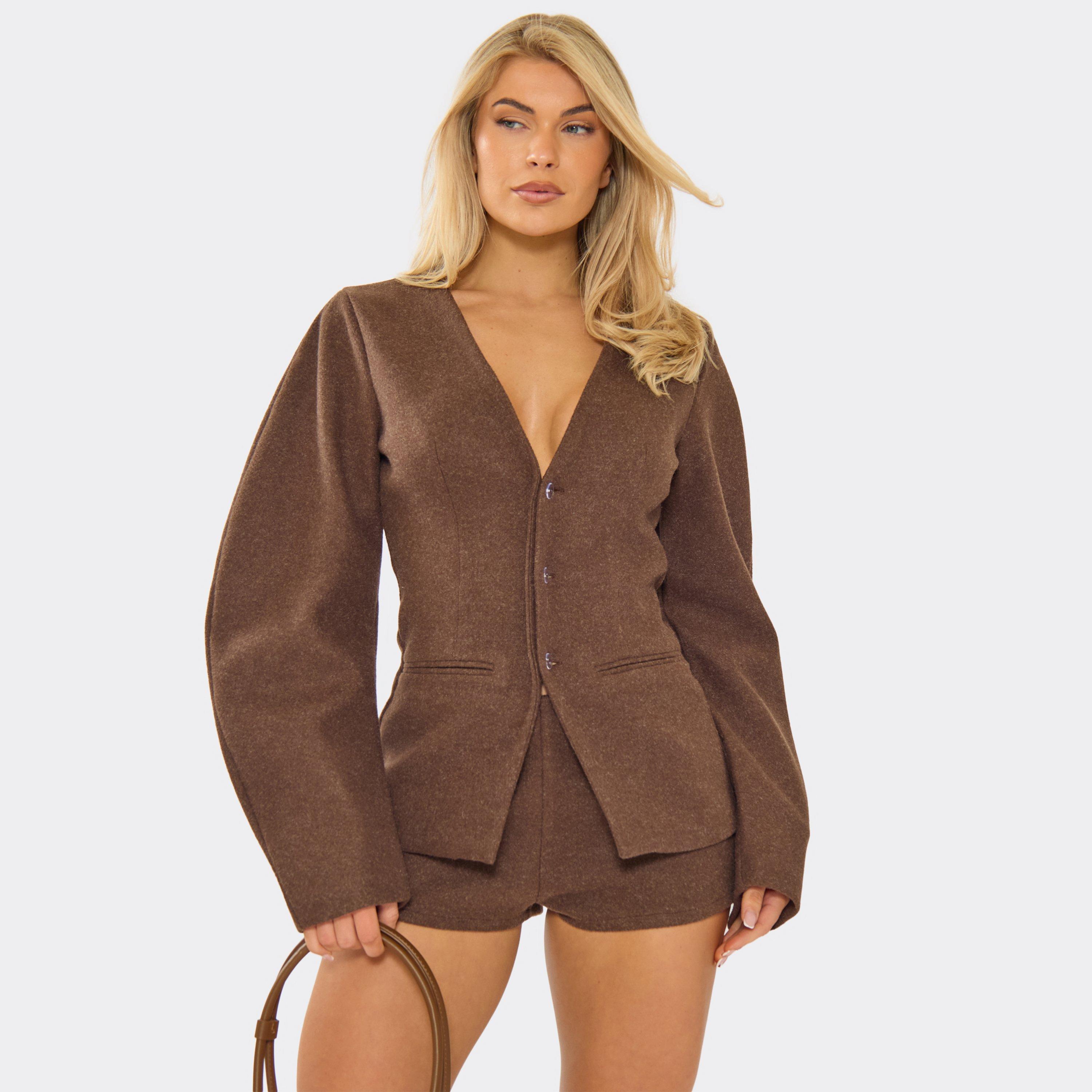 Cocoon Sleeve Plunge Front Wool Look Blazer Playsuit In Chocolate Brown, Women's Size UK 4