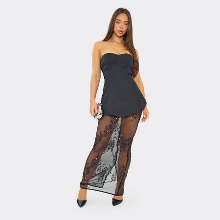 Bandeau Tailored Contrast Lace Sequin Skirt Detail Maxi Dress In Black, Women's Size US