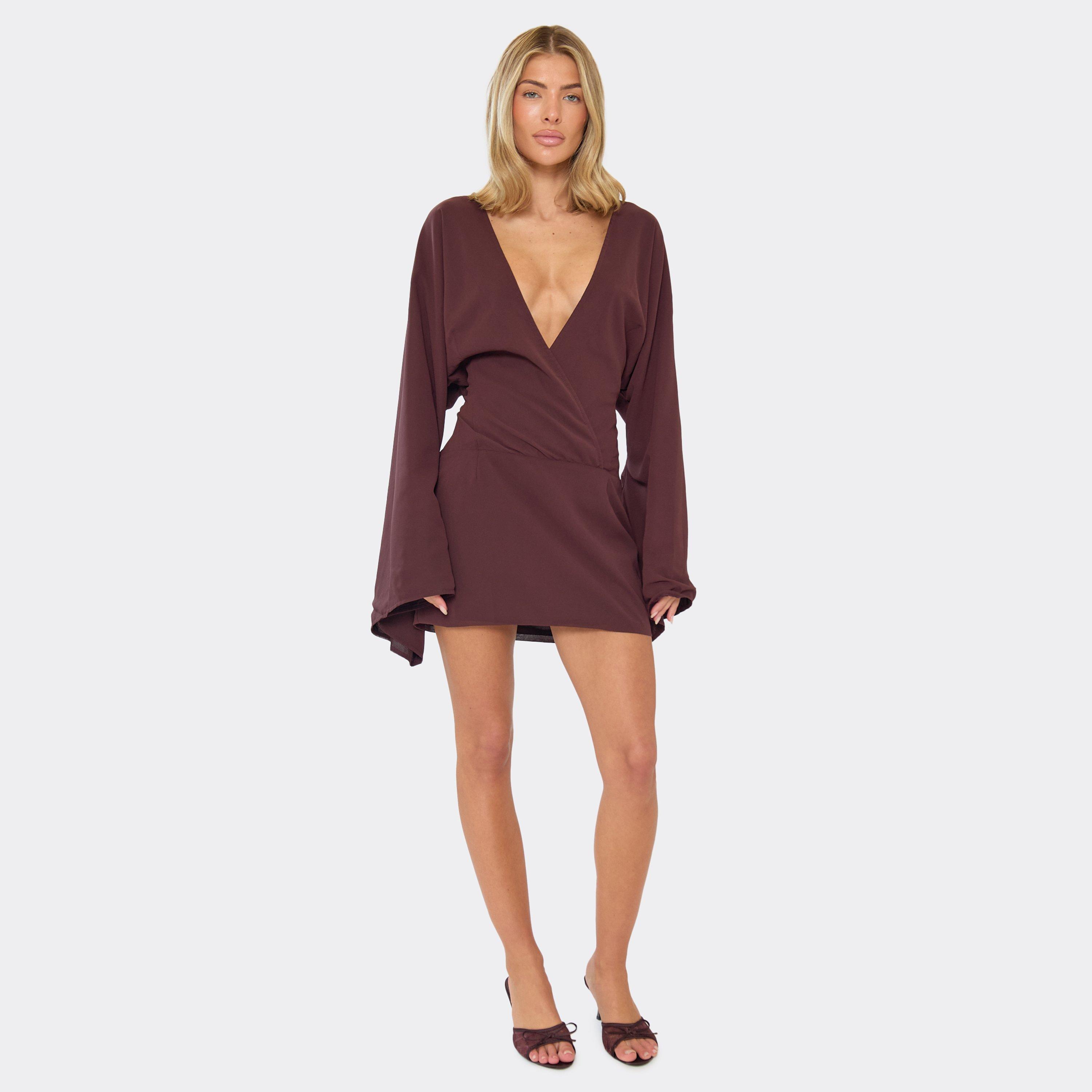 Batwing Plunge Mini Dress In Chocolate Brown Chiffon, Women's Size UK 12