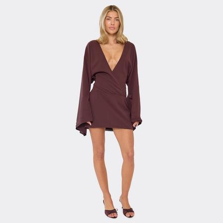 Batwing Plunge Mini Dress In Chocolate Brown Chiffon, Women's Size US