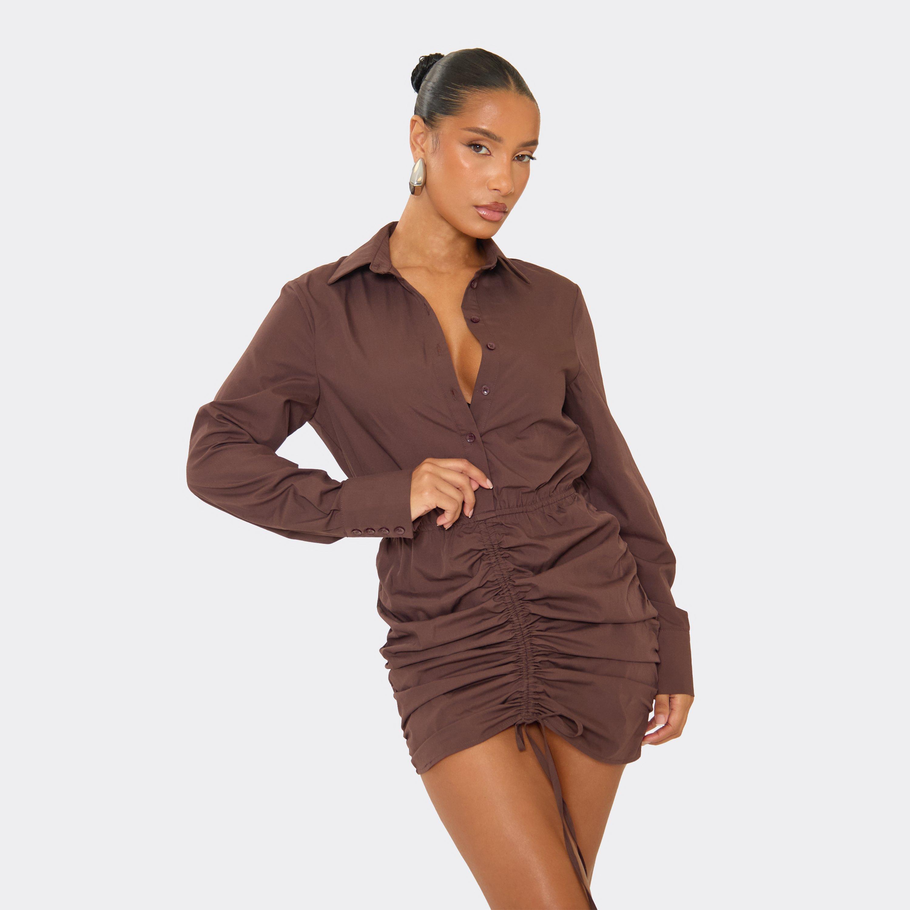 Long Sleeve Ruched Front Shirt Dress In Chocolate Brown, Women's Size UK 6