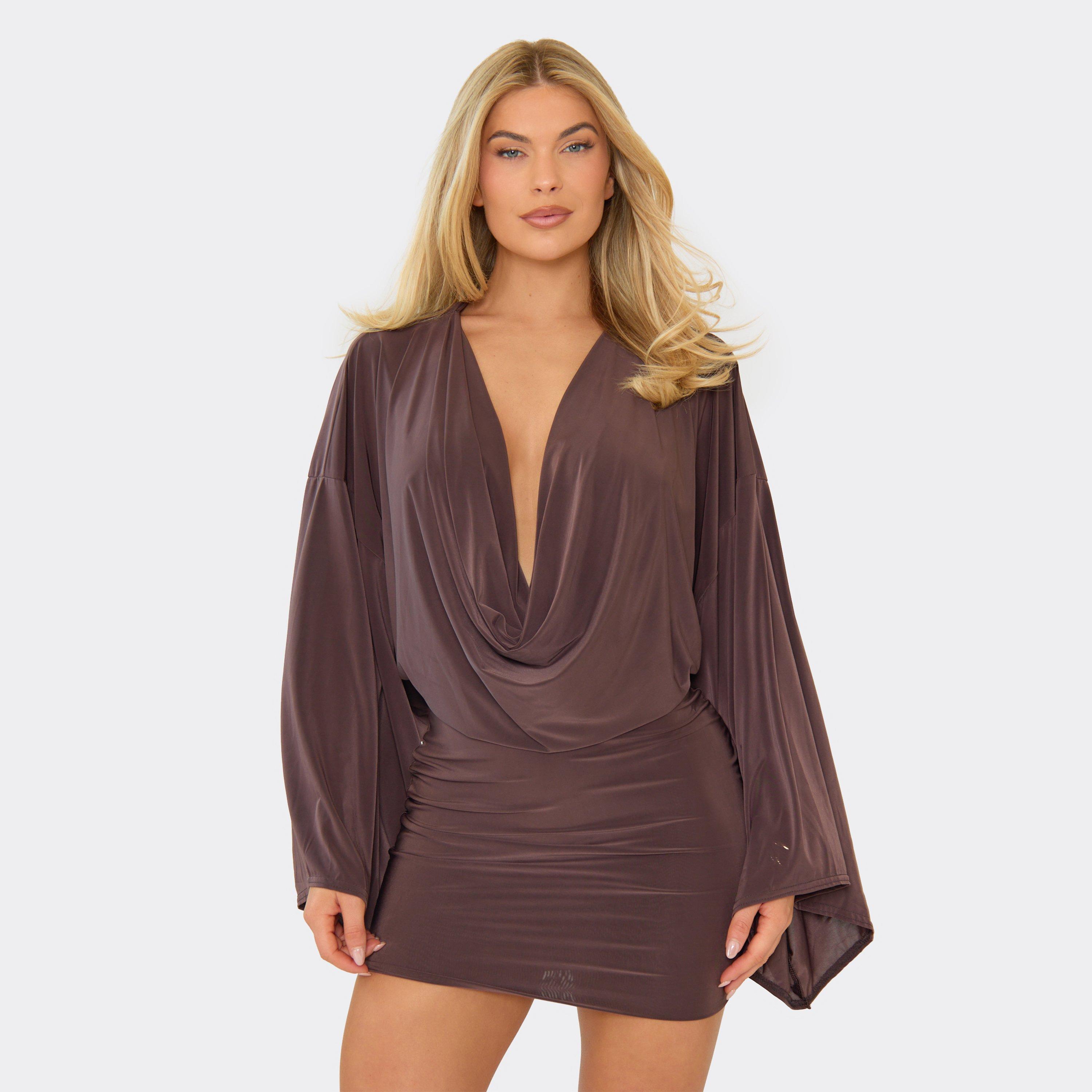 Batwing Cowl Neck Mini Dress In Chocolate Brown Slinky, Women's Size UK 6