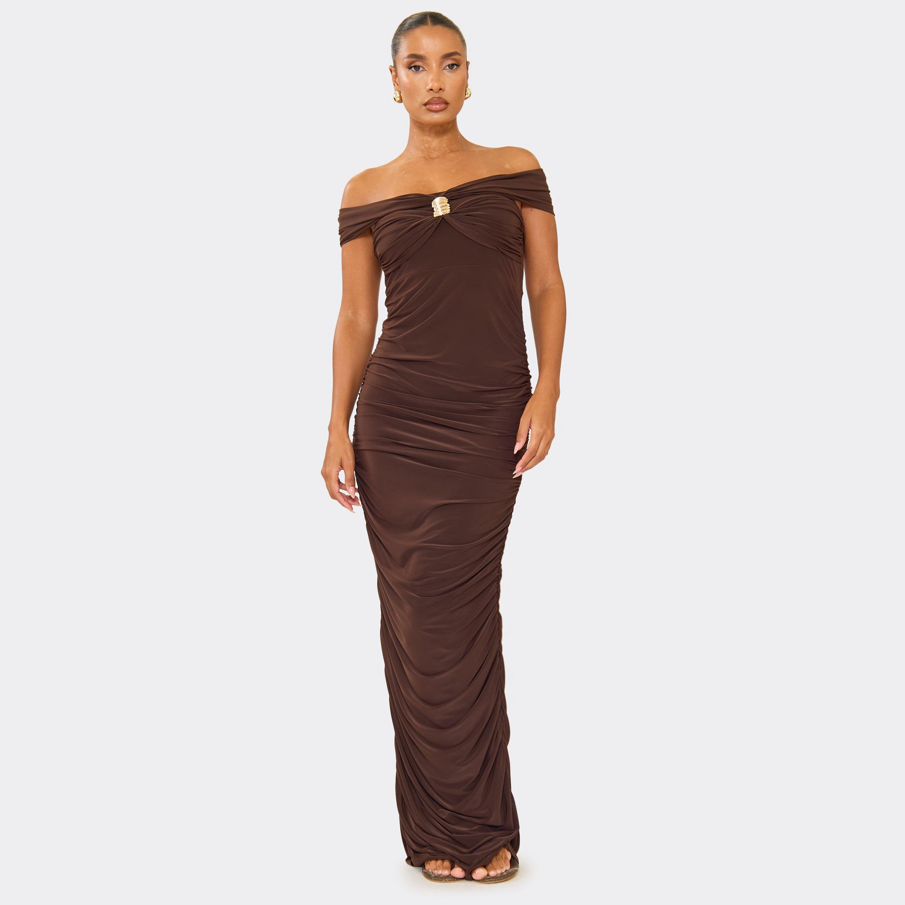 Bardot Ruched Trim Detail Maxi Dress In Chocolate Brown, Women's Size UK 8