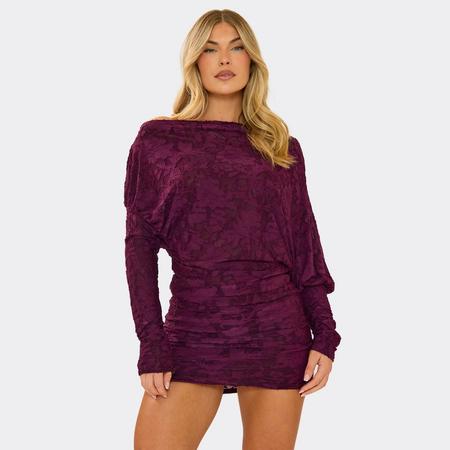 Off The Shoulder Blouson Detail Mini Dress In Plum Devore, Women's Size US