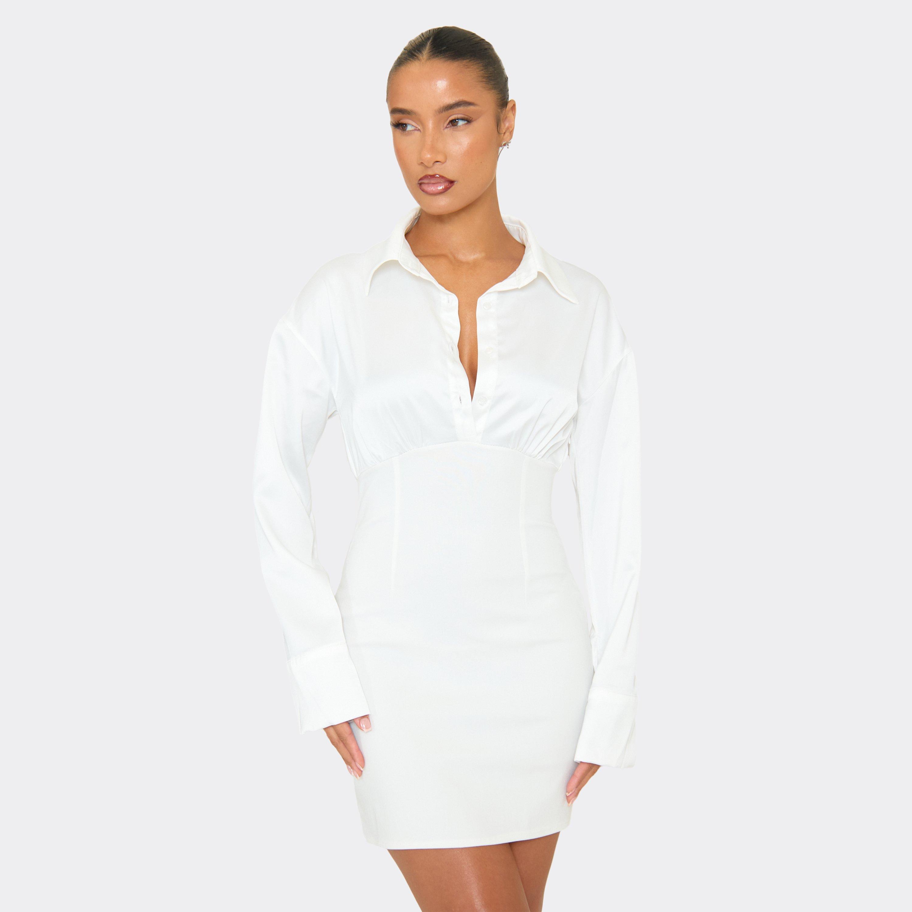 Long Sleeve Button Front Cinched Detail Shirt Dress In White, Women’s