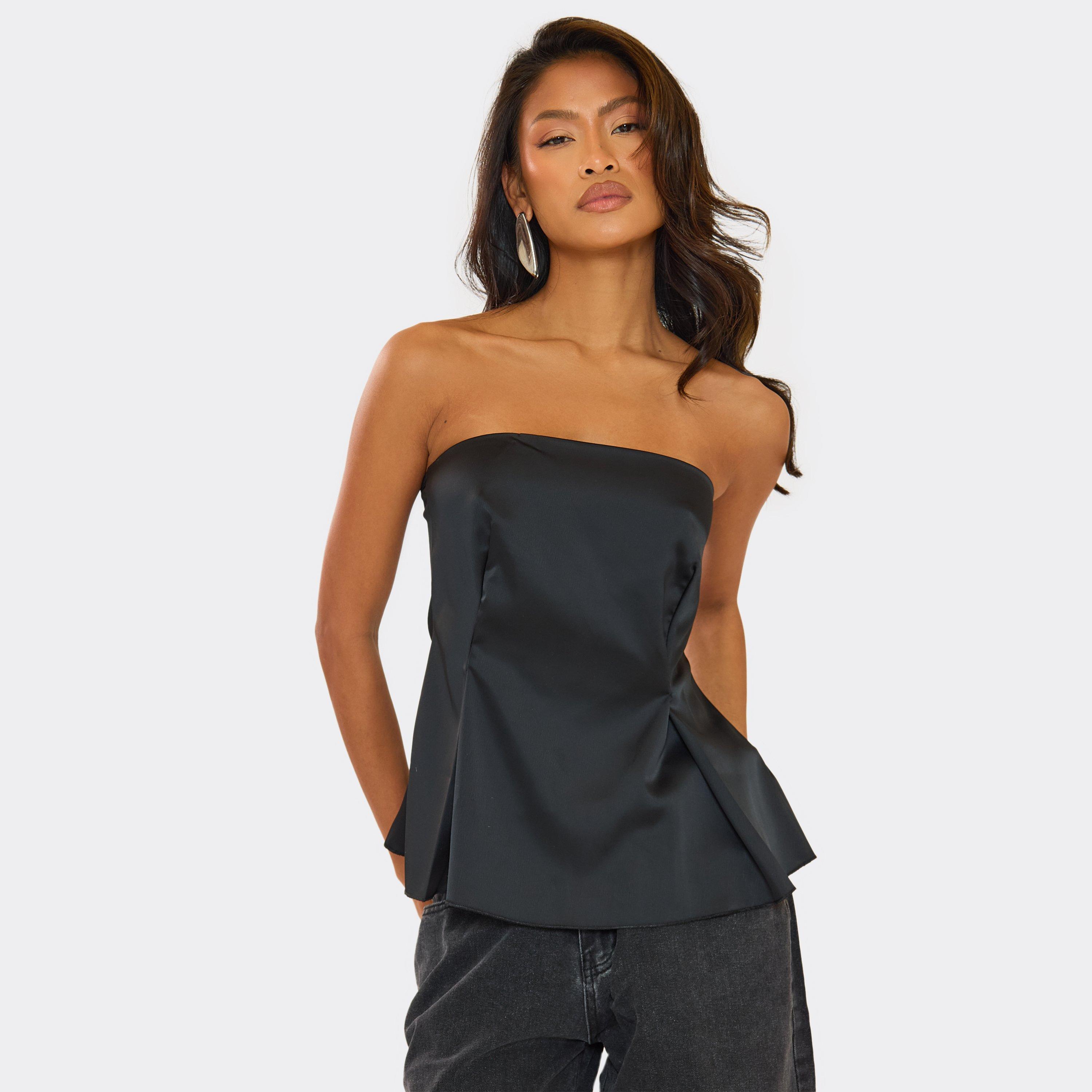 Image of Bandeau Longline Top In Black Satin, Women's