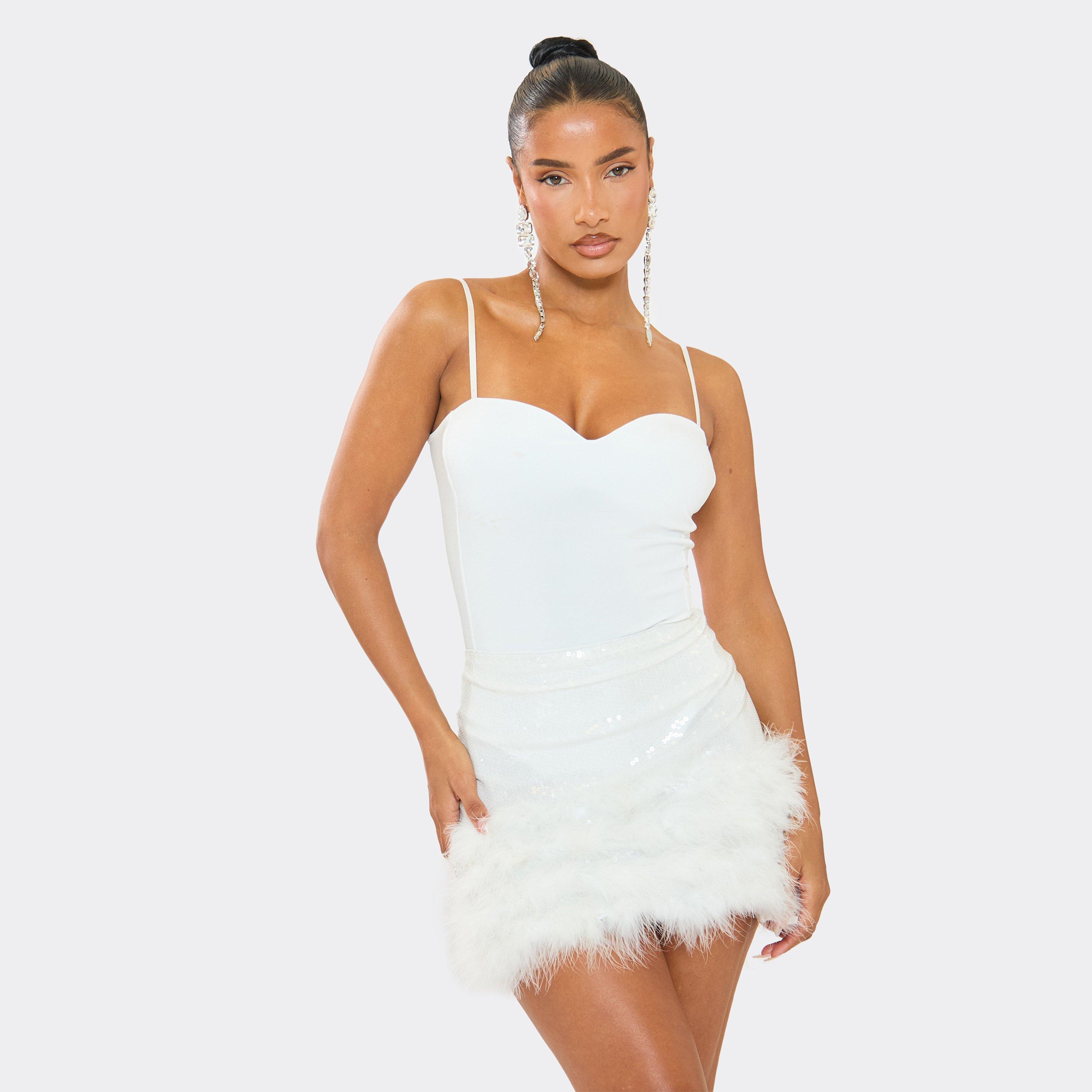 Mid Rise Feather Trim Detail Mini Skirt In White Sequin, Women’s