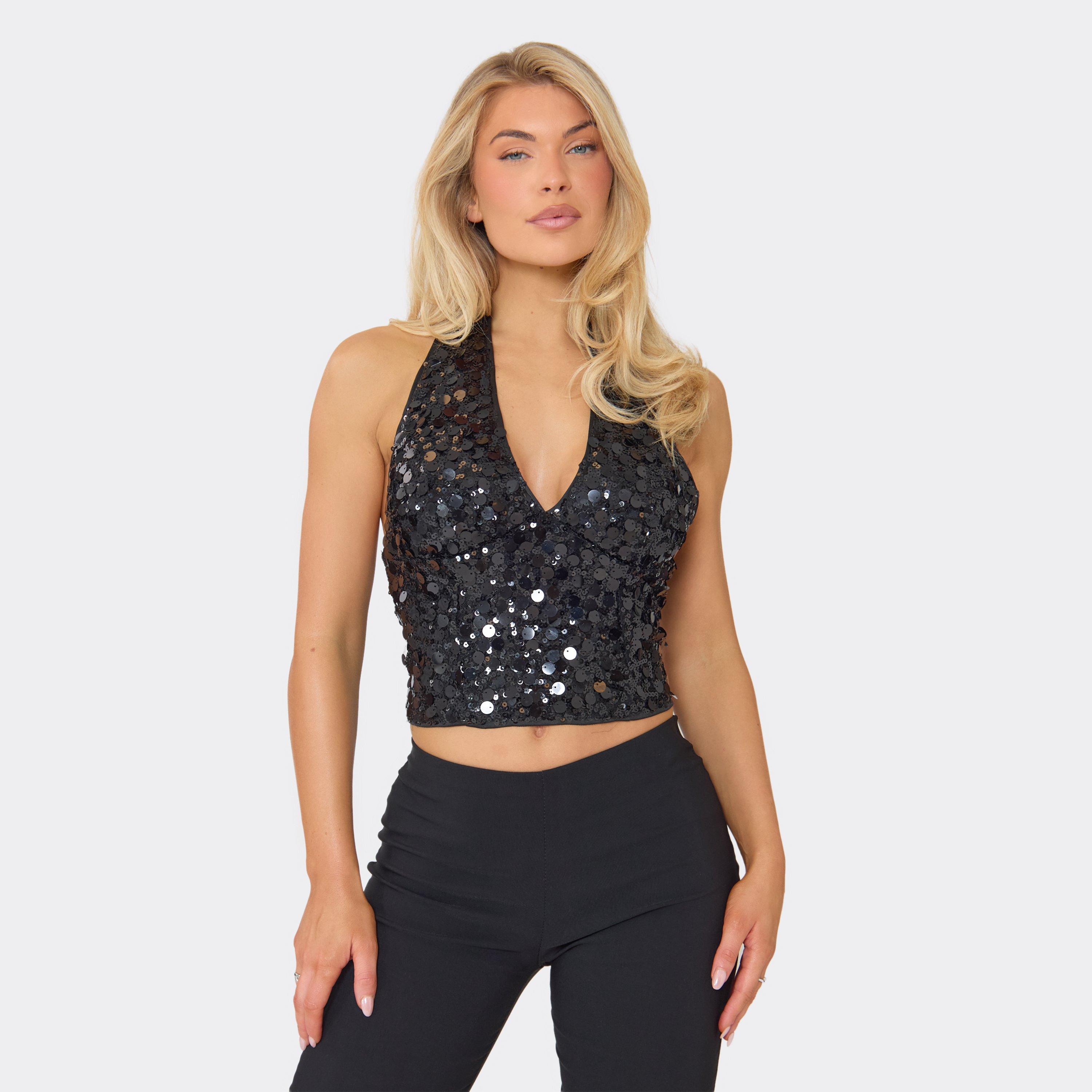 Halterneck Plunge Crop Top In Black Sequin, Women's Size UK 14