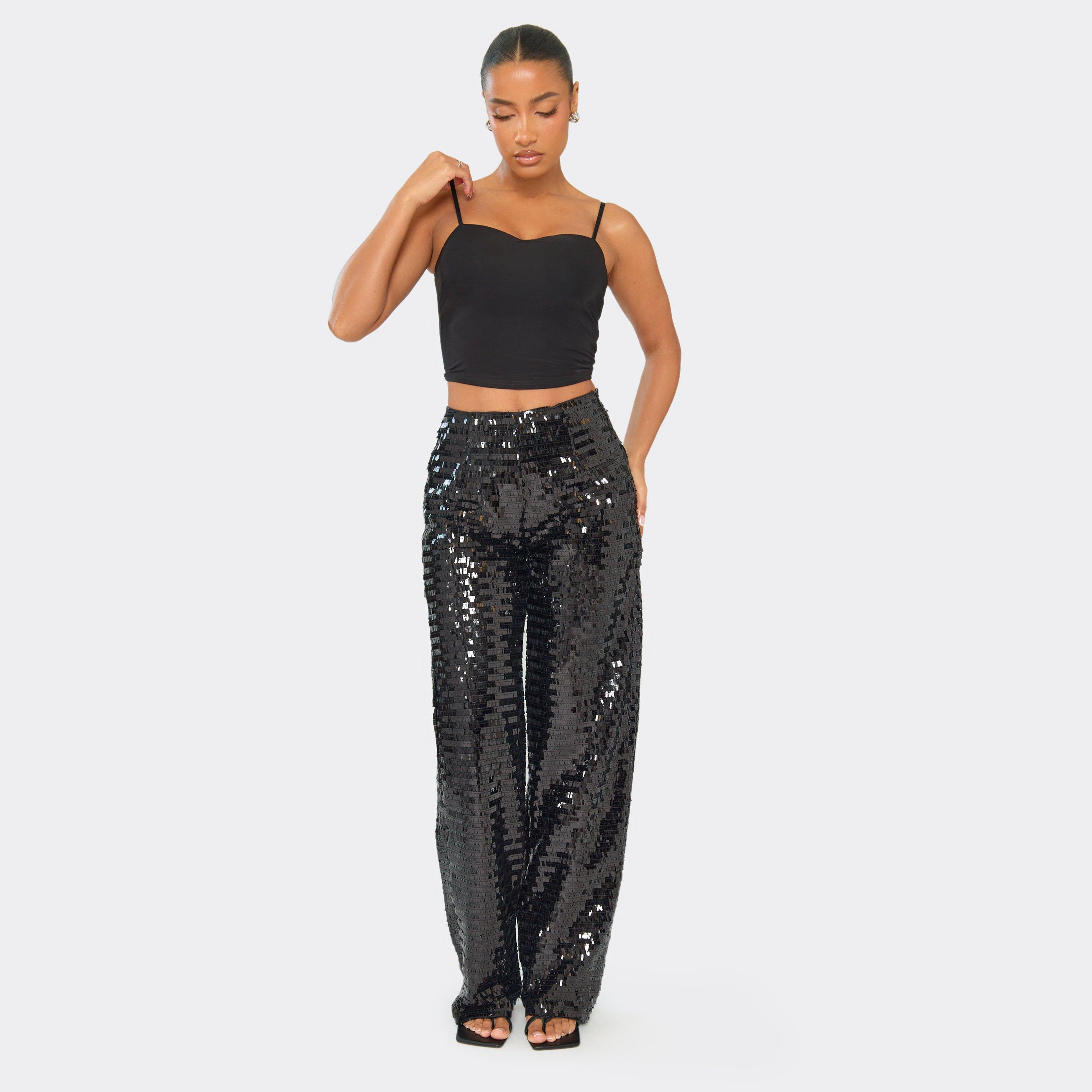 Image of Mid Rise Straight Leg Trousers In Black Sequin, Women's