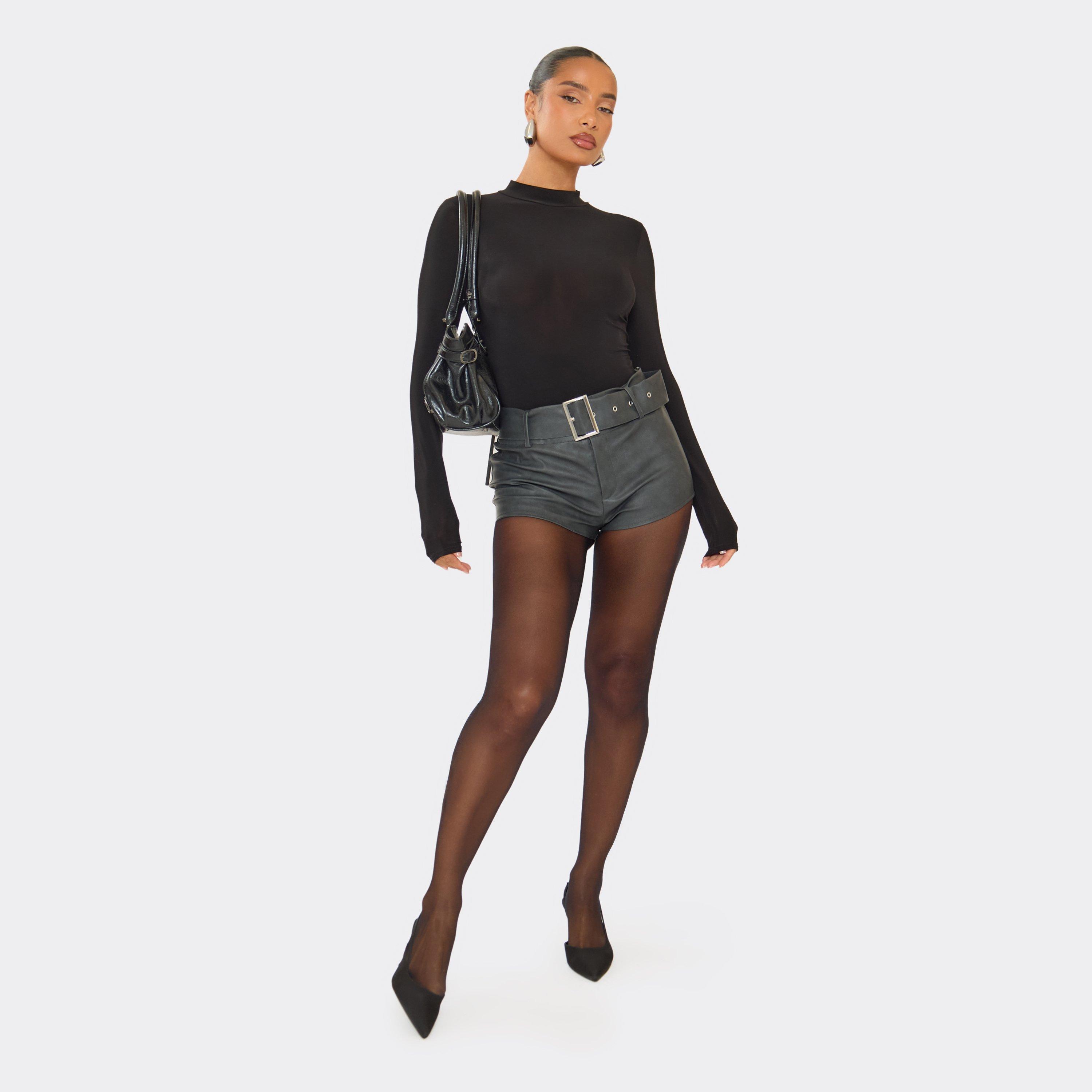 High Rise Belted Shorts In Grey Faux Leather, Women’s