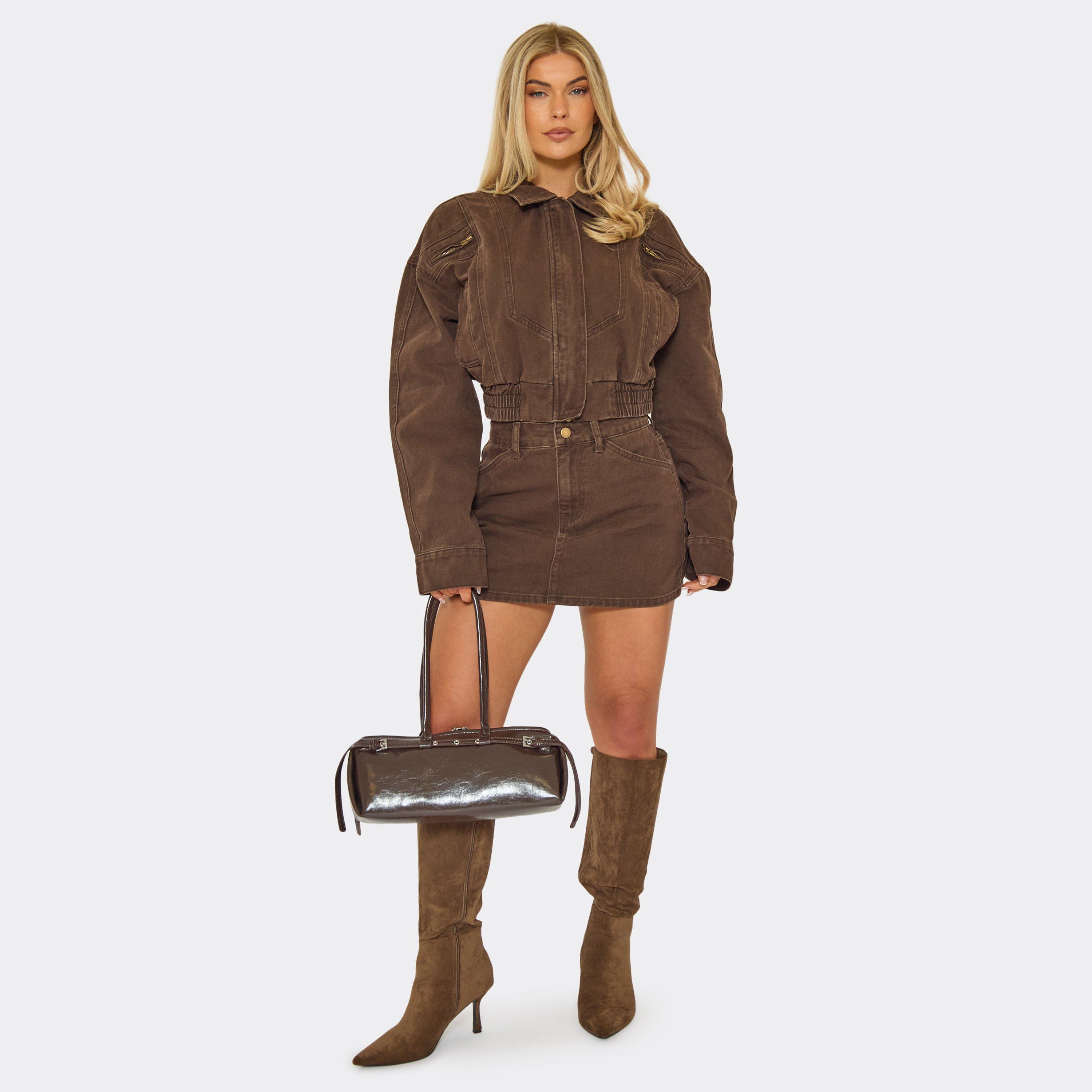 Mid Waist Mini Skirt In Chocolate Brown Denim, Women's Size UK 6