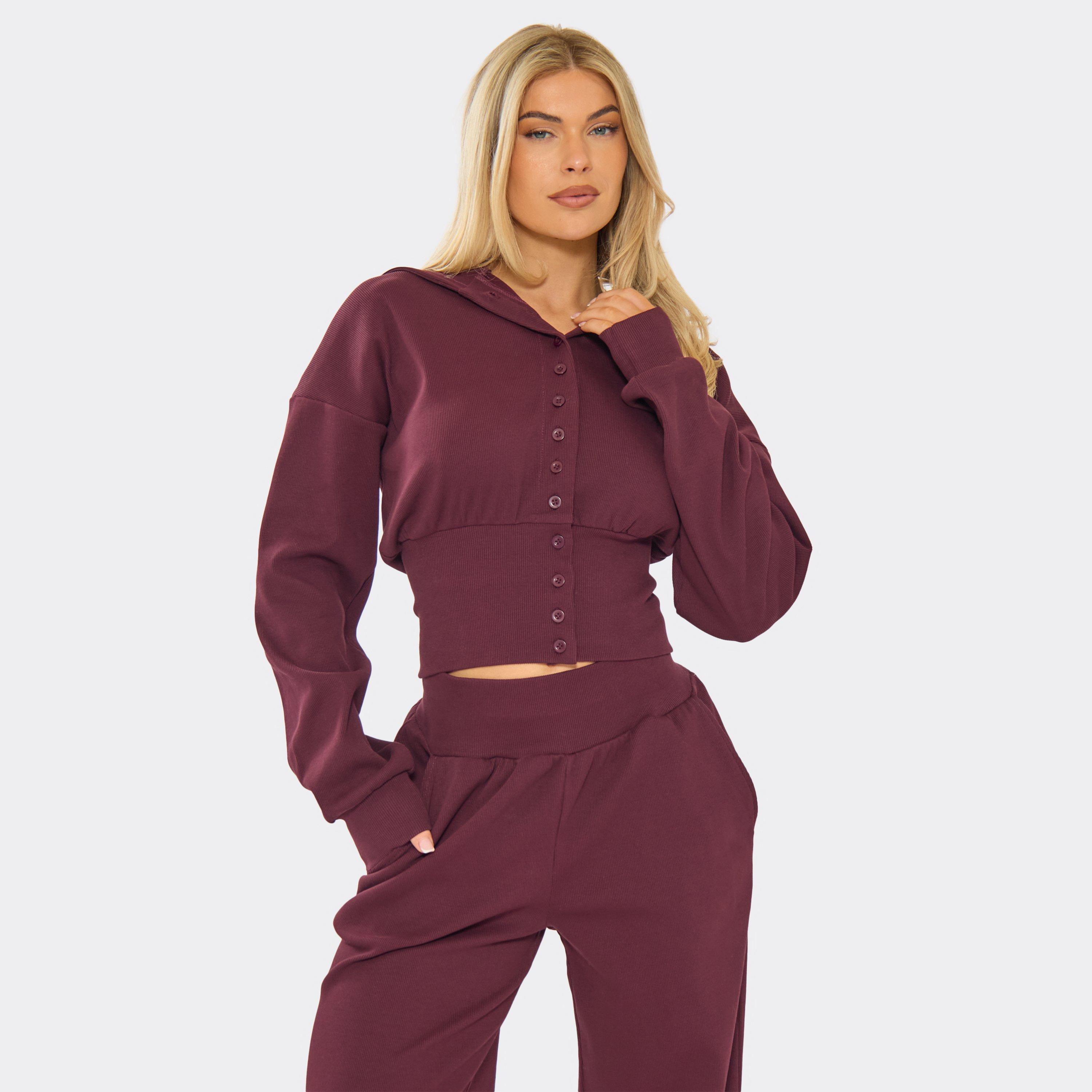Cinched Waist Button Up Hoodie In Plum Ribbed, Women’s