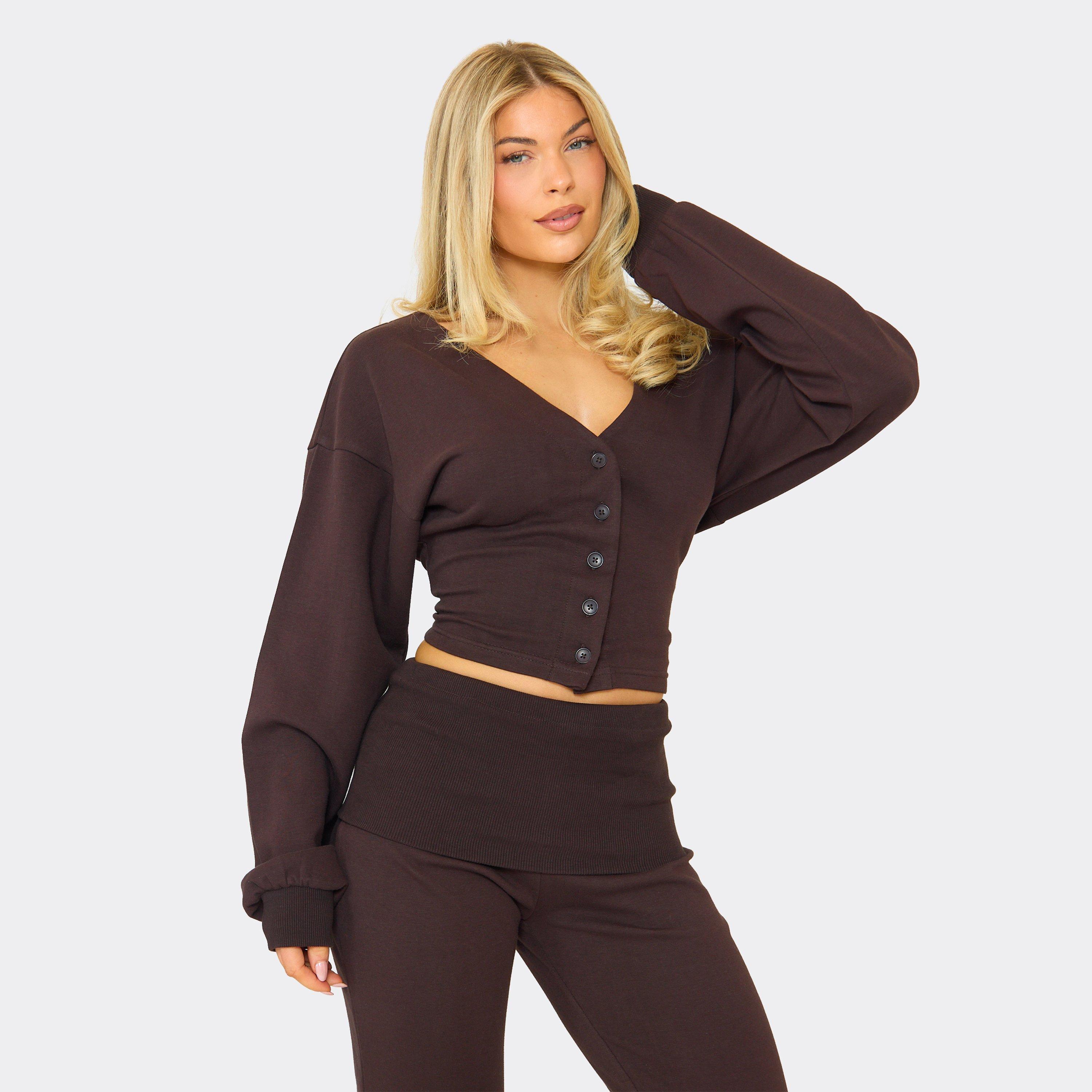 Image of Cinched Waist Button Up Sweatshirt In Chocolate Brown, Women's