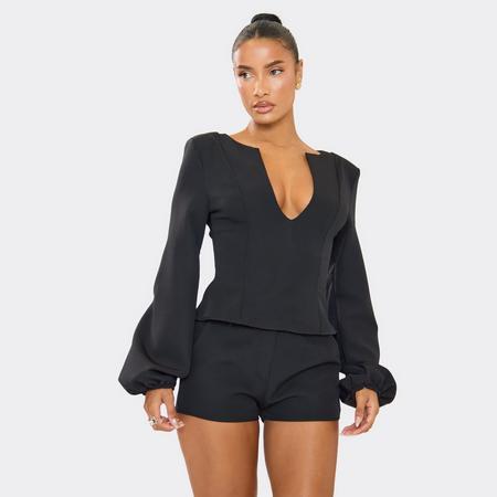 Balloon Sleeve V Neck Top In Black Woven, Women's Size US