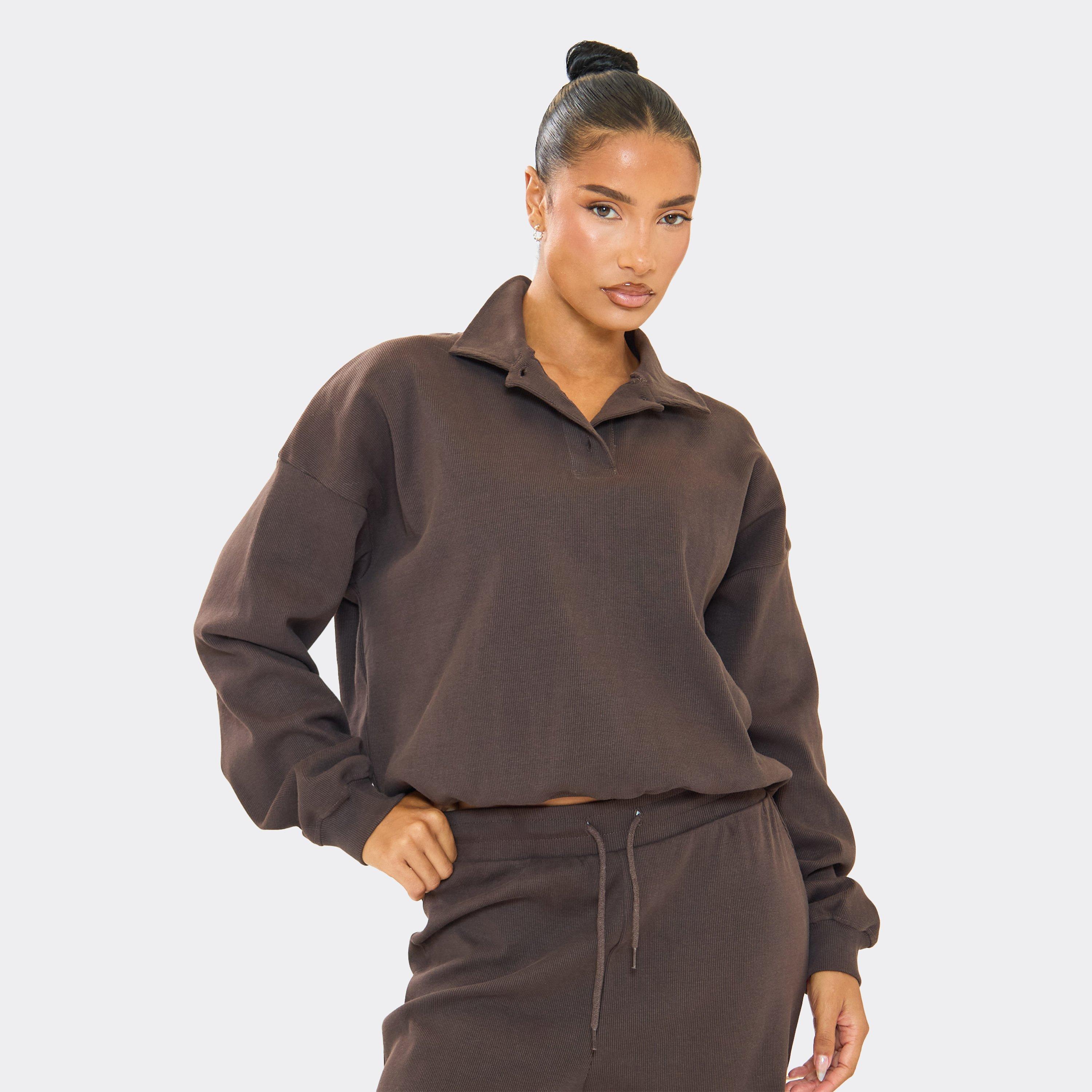 Oversized Button Polo Sweatshirt In Chocolate Brown Ribbed, Women's Size UK 14