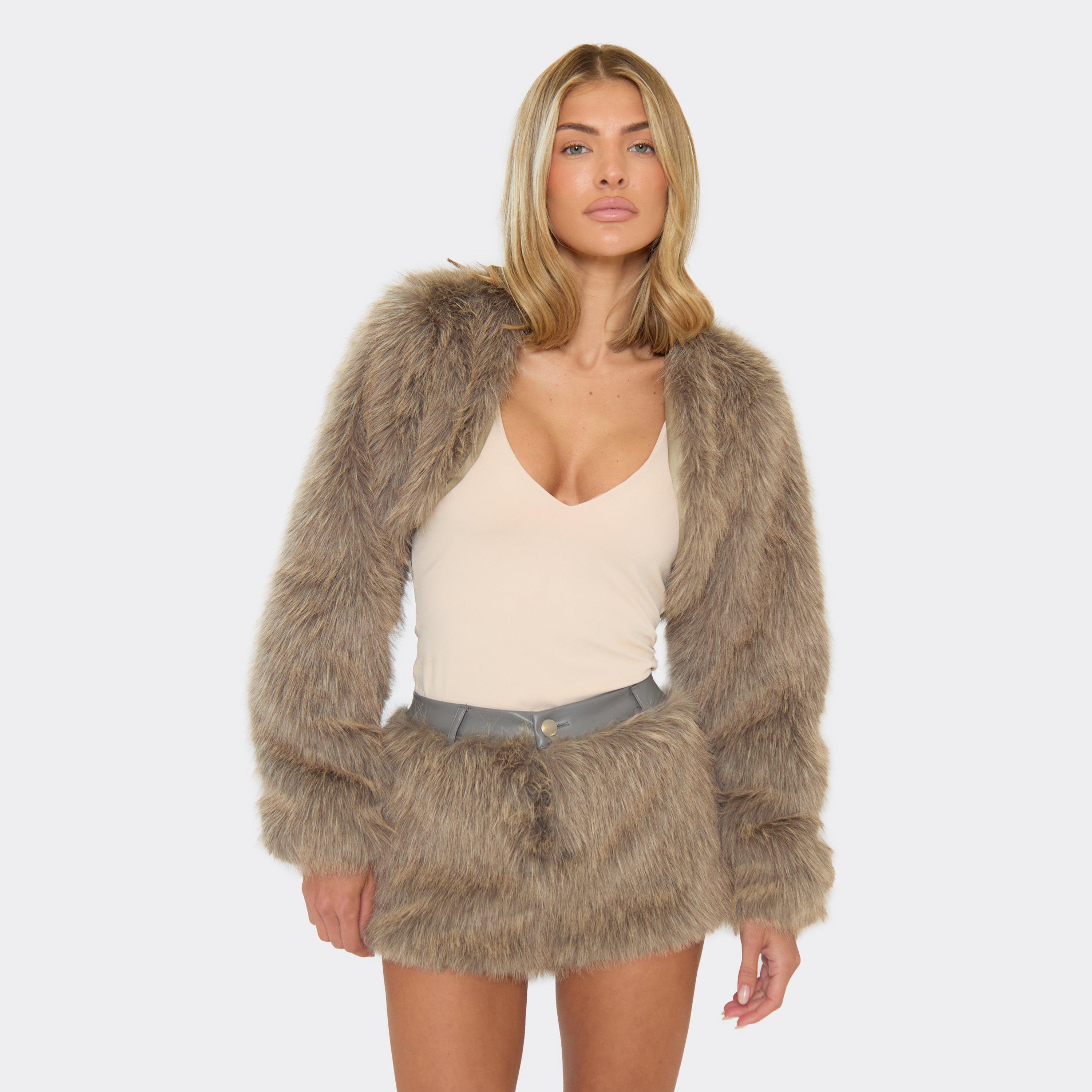 Cropped Jacket In Grey Faux Fur, Women's Size UK 6