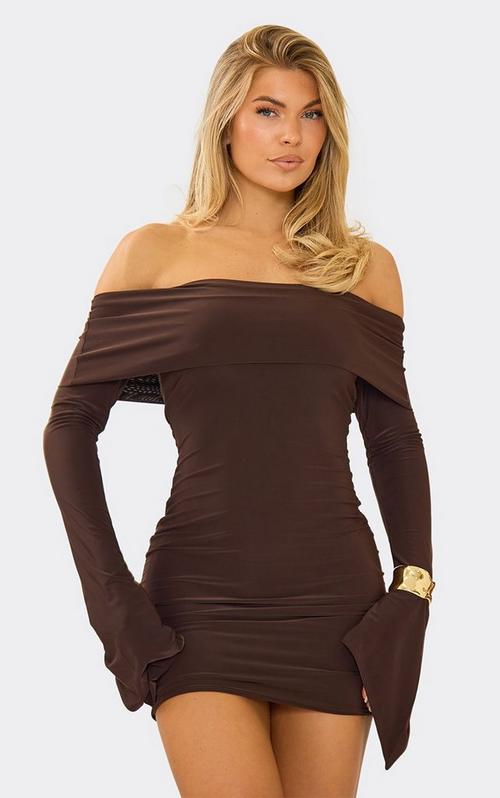 sheer panelled long sleeve mini dress in brown One Shoulder Panel Ruched Drape Hem Detail Burgundy | EGO EU Designed to capture attention